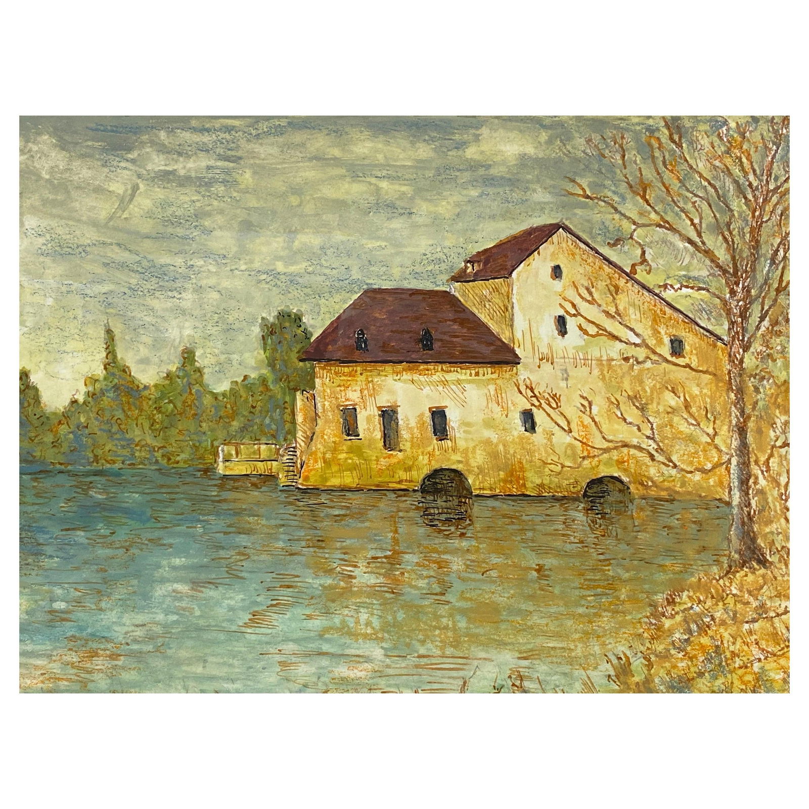 1950's Modernist Painting, French Building over Lake, 1950s - 10