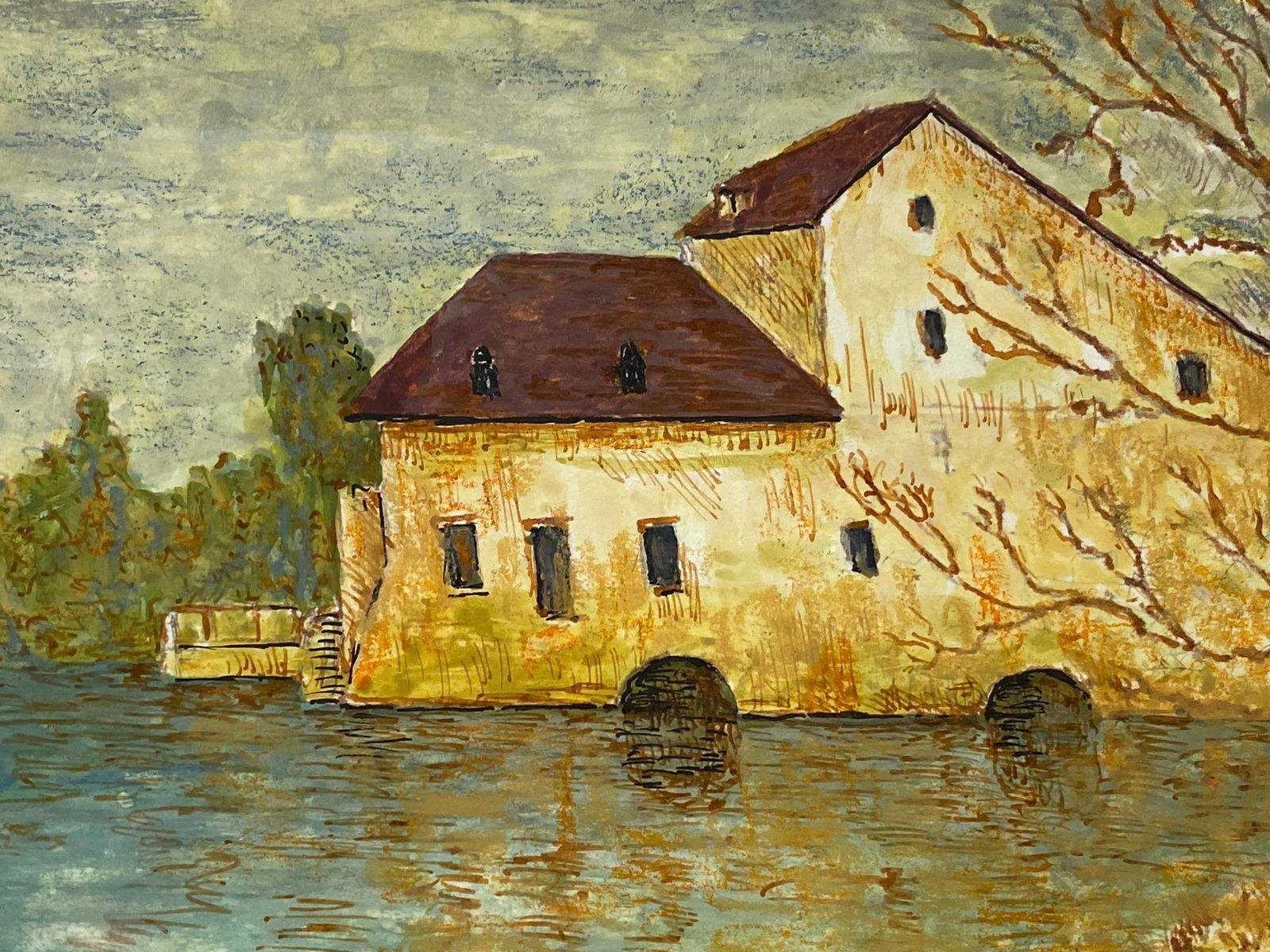 1950's Modernist Painting, French Building over Lake, 1950s - 2