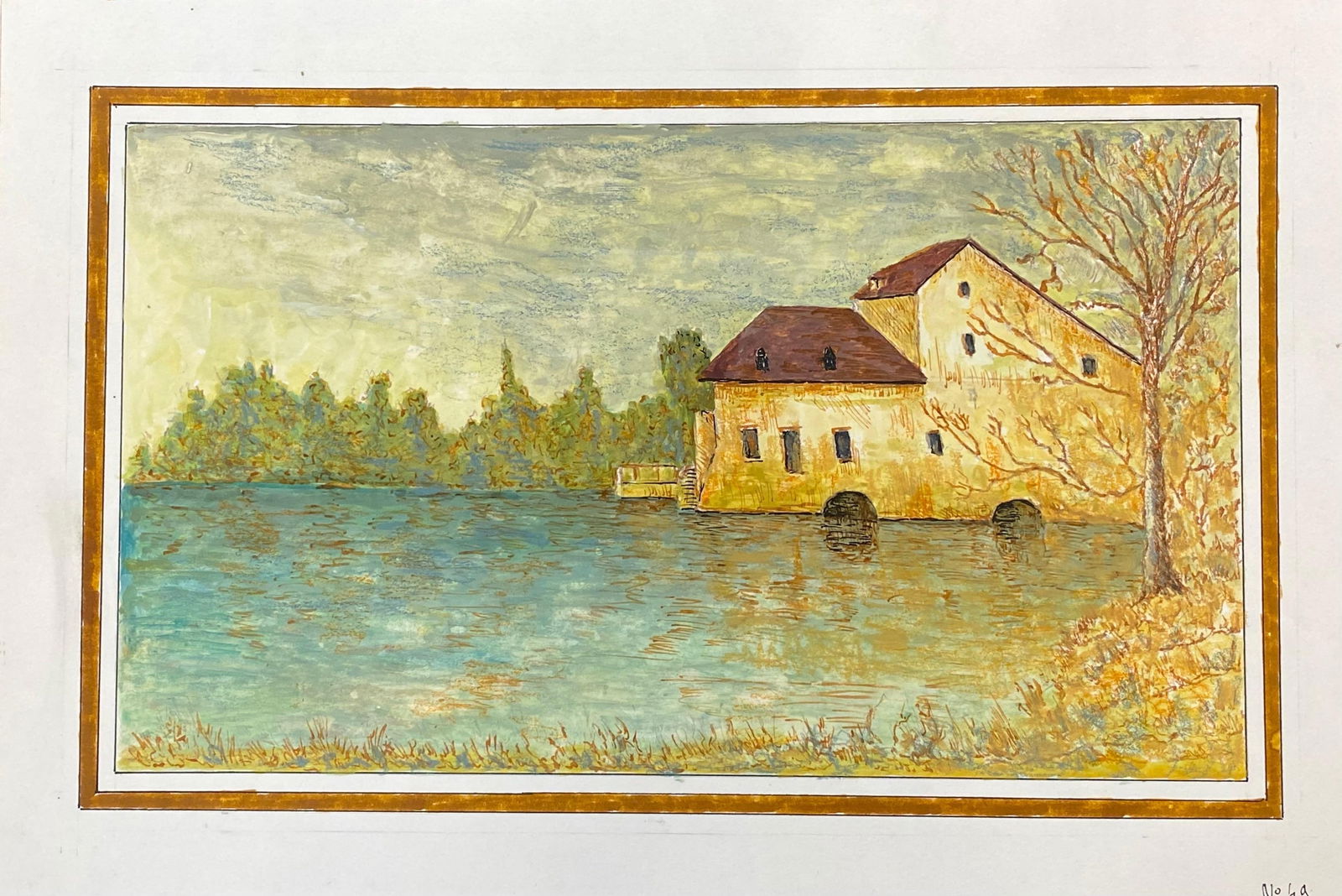 1950's Modernist Painting, French Building over Lake, 1950s - 5