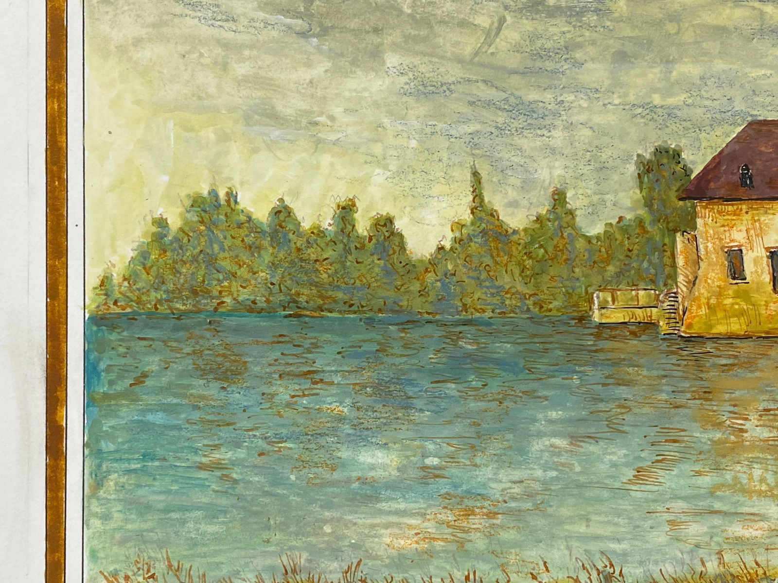 1950's Modernist Painting, French Building over Lake, 1950s - 6
