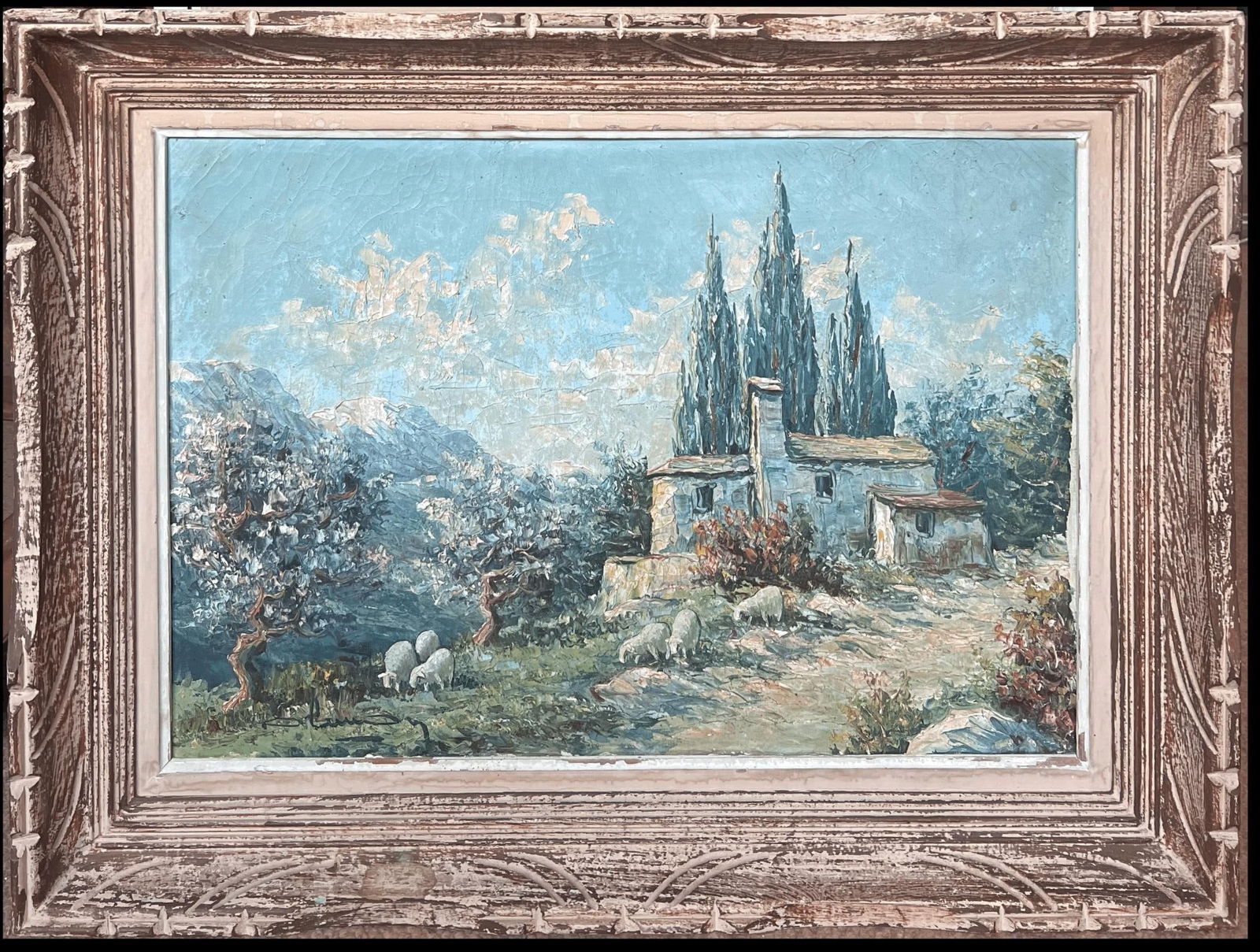 Early 20th Century French School; 1930s French Impressionist Signed Oil Painting Sheep Grazing: Title: Early 20th Century French School; 1930s French Impressionist Signed Oil Painting Sheep Grazing Provencal Landscape Description: Merchants of the Temple 19th Century School oil on canvas, unfram