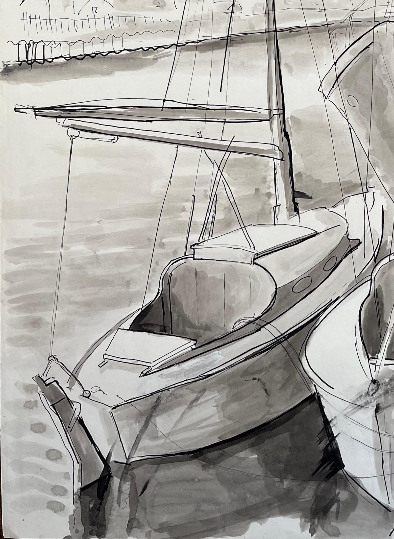 Anne Marie Migette Perard; Mid-Century French Ink and Wash Drawing of Sailboats Moored at Harbour - 7