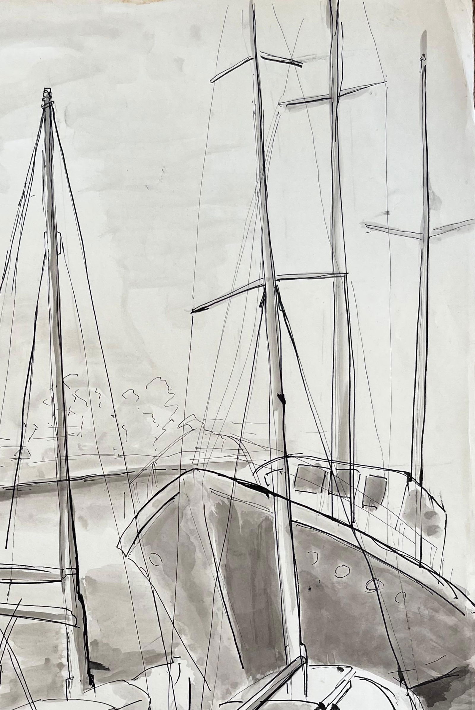 Anne Marie Migette Perard; Mid-Century French Ink and Wash Drawing of Sailboats Moored at Harbour - 8
