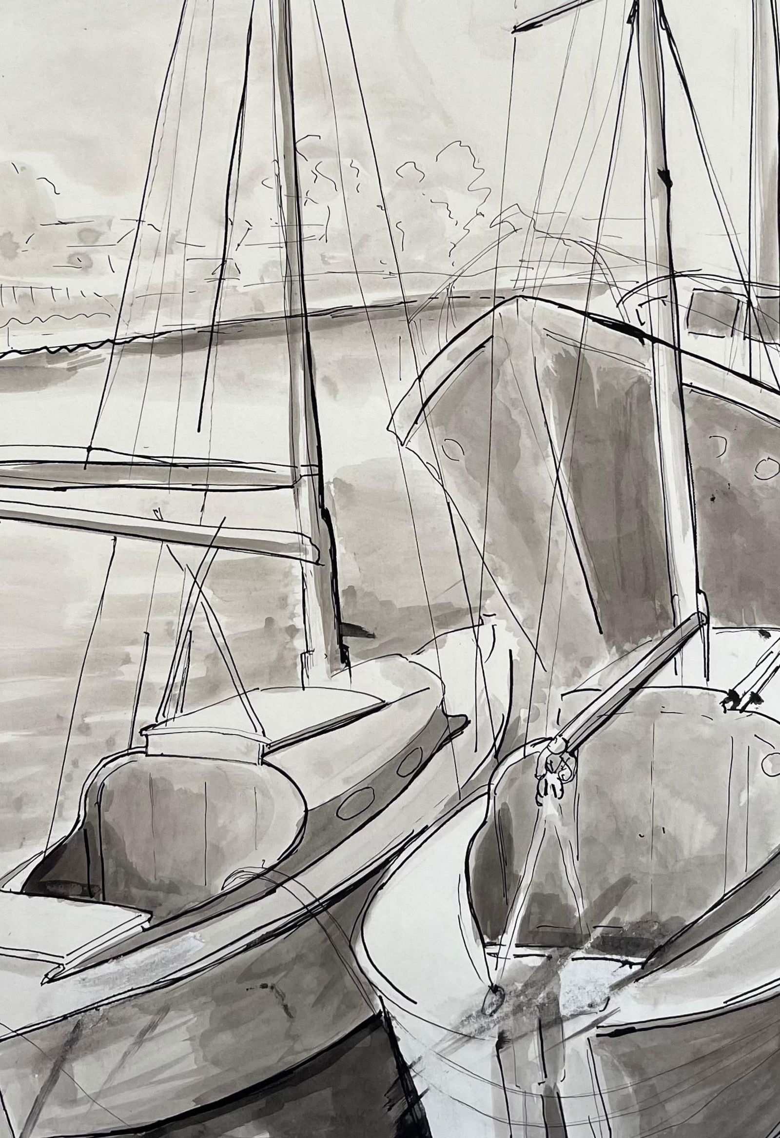 Anne Marie Migette Perard; Mid-Century French Ink and Wash Drawing of Sailboats Moored at Harbour - 2