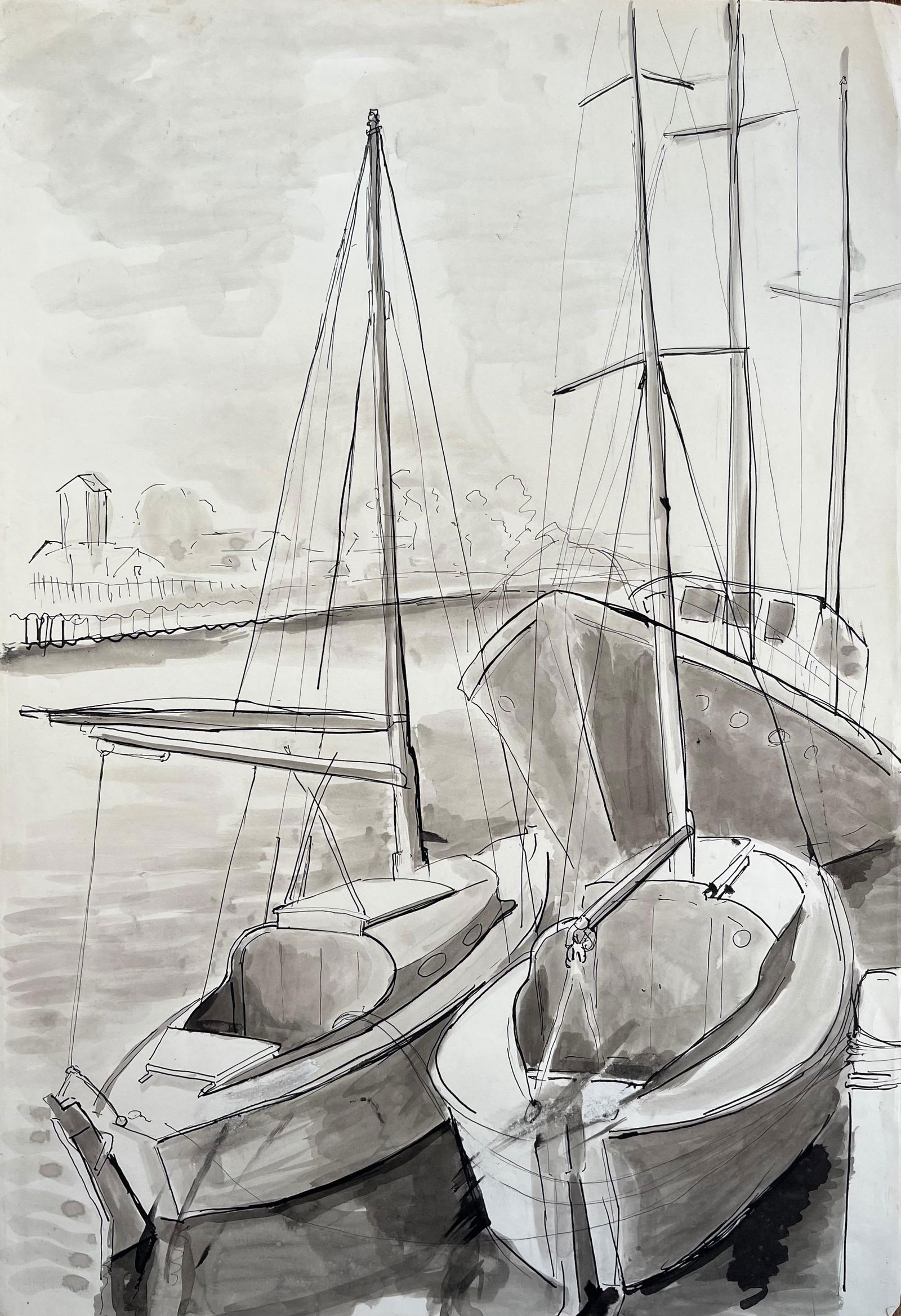 Anne Marie Migette Perard; Mid-Century French Ink and Wash Drawing of Sailboats Moored at Harbour - 4