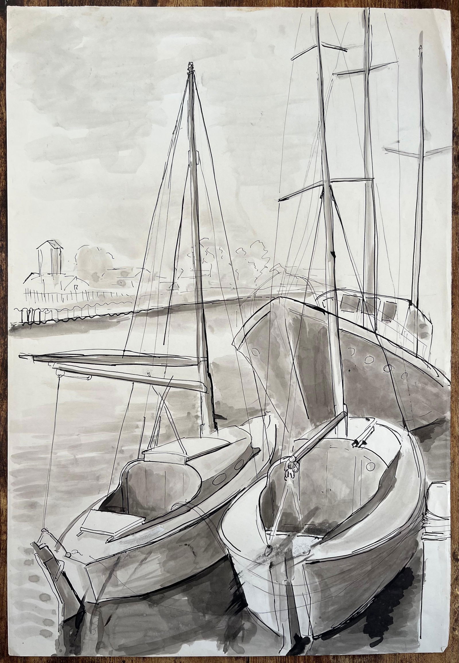 Anne Marie Migette Perard; Mid-Century French Ink and Wash Drawing of Sailboats Moored at Harbour - 5