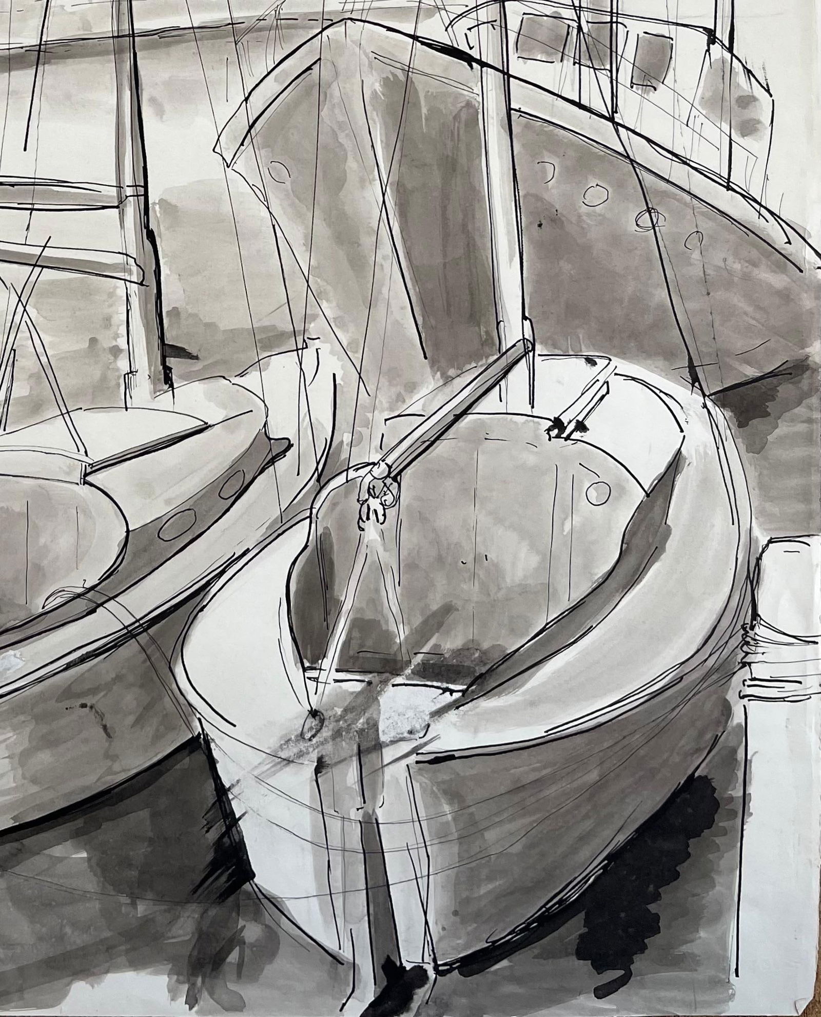 Anne Marie Migette Perard; Mid-Century French Ink and Wash Drawing of Sailboats Moored at Harbour - 6