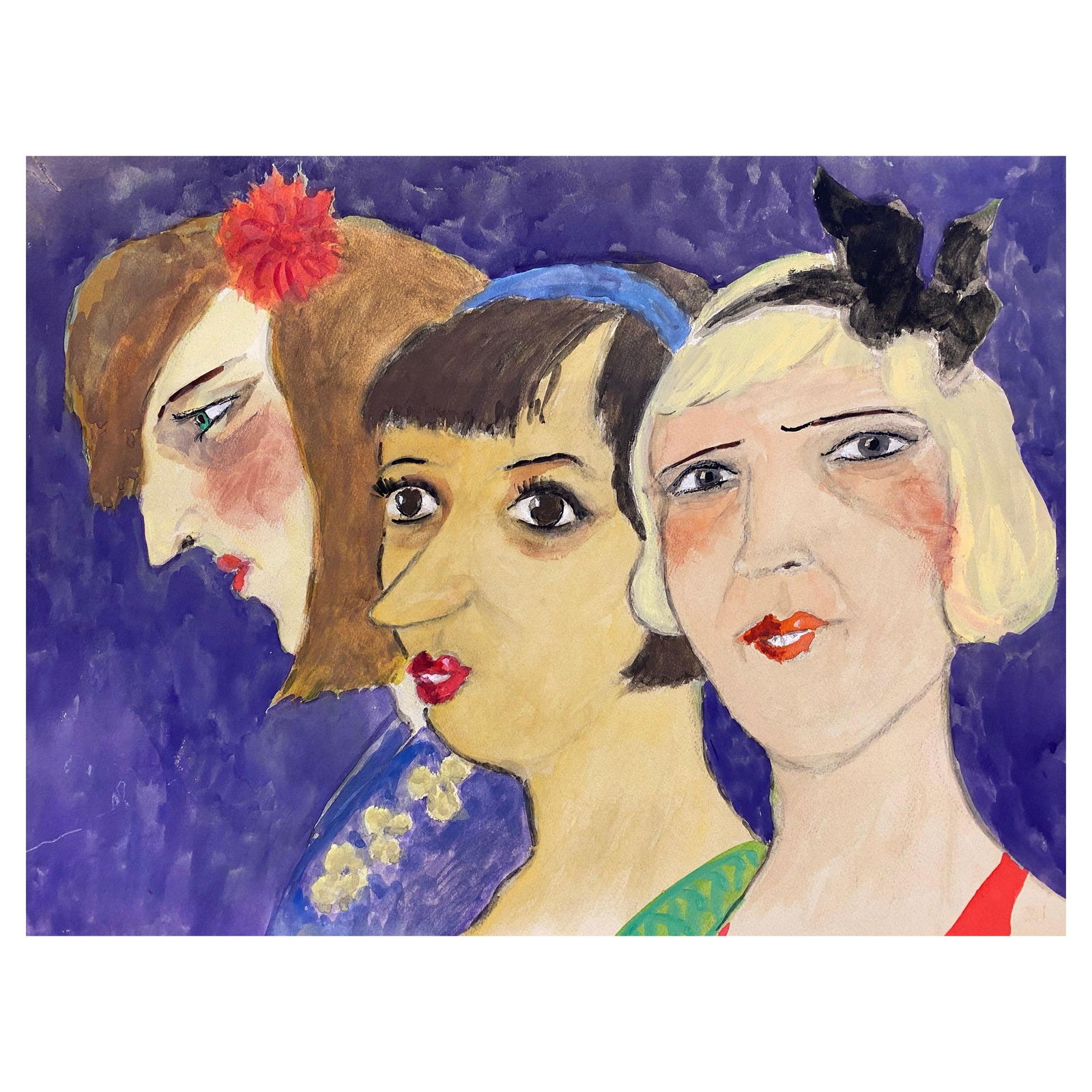 1960's French Portrait Three Art Deco Ladies Caricature, circa 1960s: Title: 1960's French Portrait Three Art Deco Ladies Caricature, circa 1960s Description: French Character Portrait French school, Mid 20th Century Gouache paint on unframed paper signed lower corner I