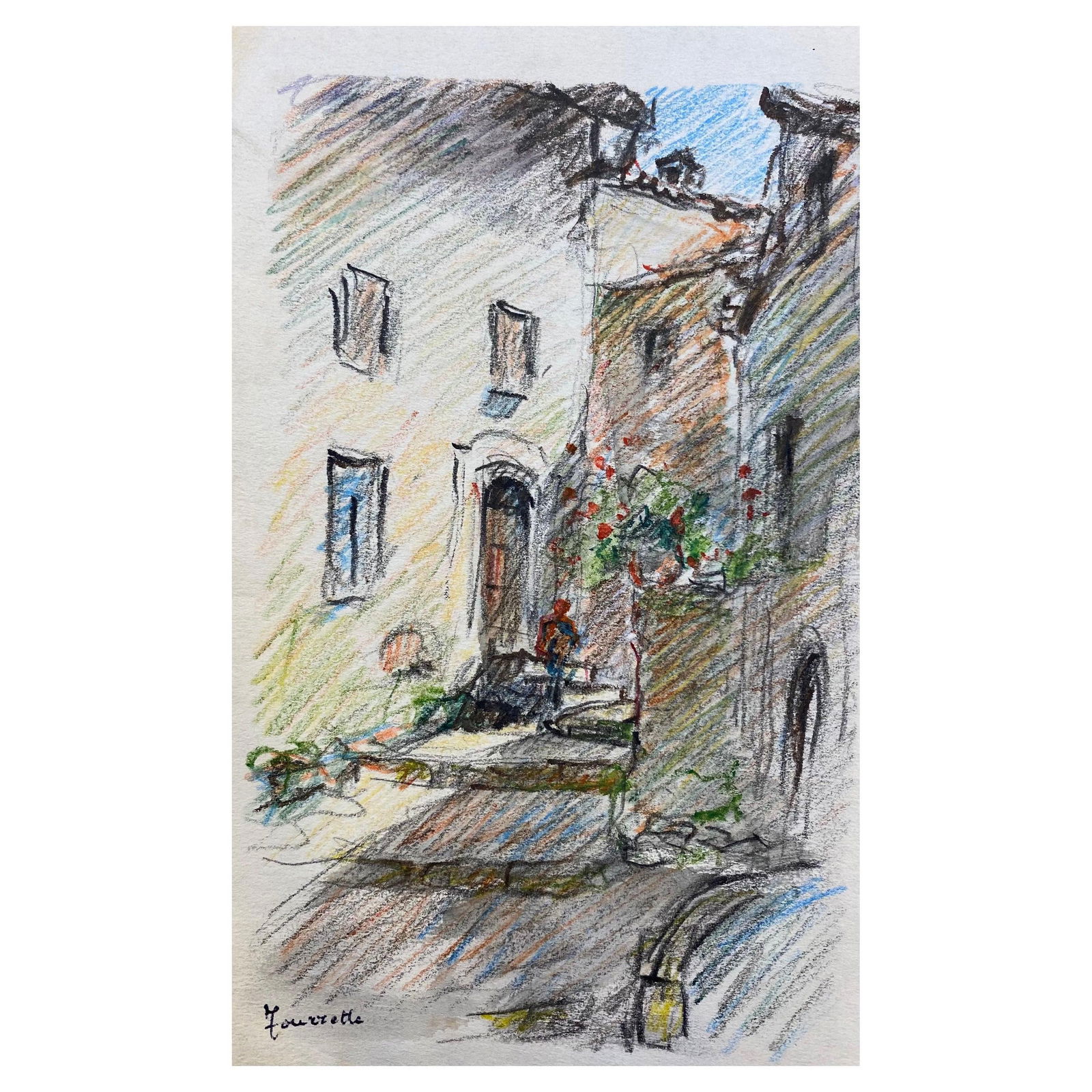 Tourettes Provence French Signed Impressionist Crayon Drawing, The Old Village, circa 1940s - 13