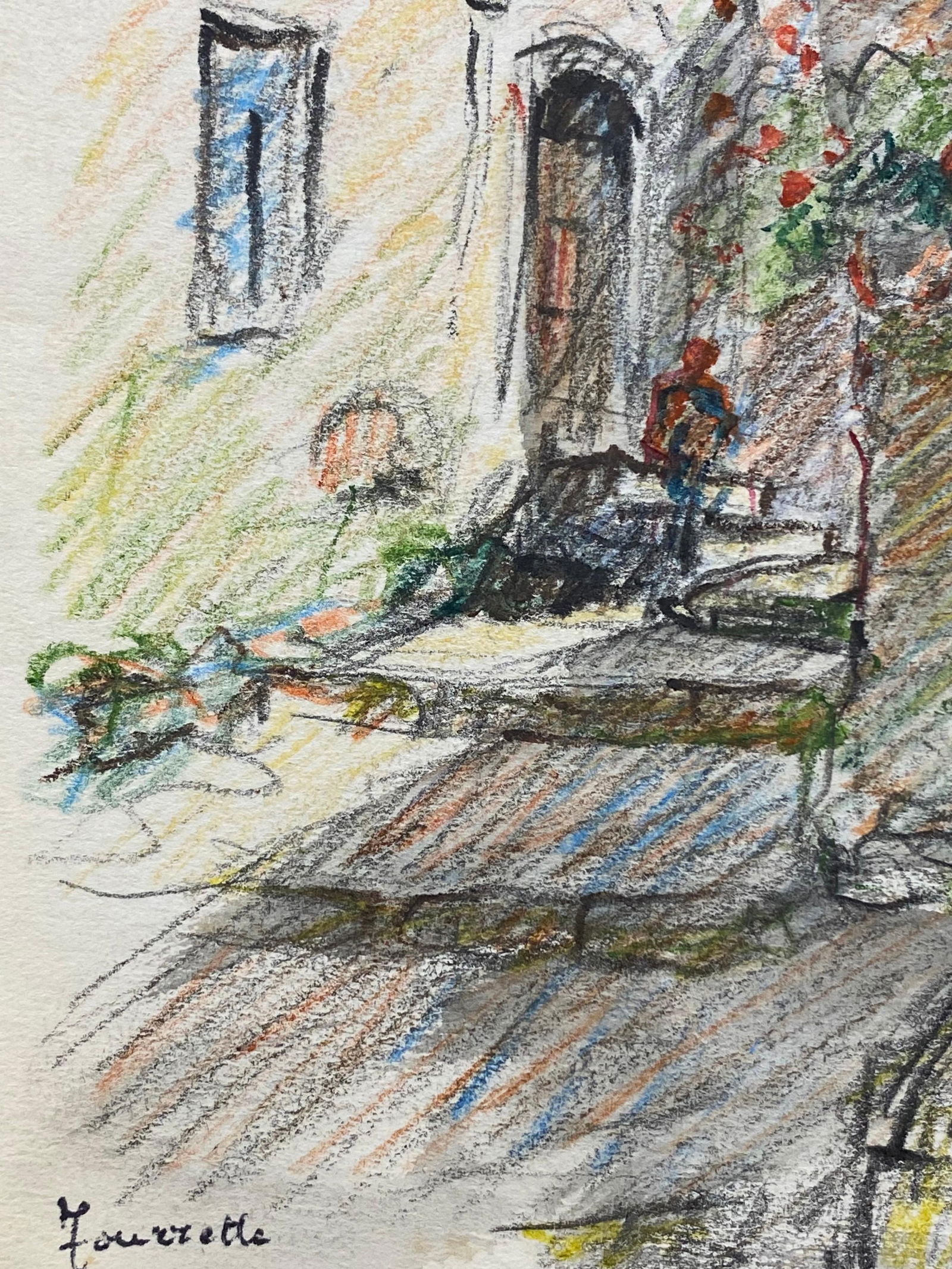 Tourettes Provence French Signed Impressionist Crayon Drawing, The Old Village, circa 1940s - 3