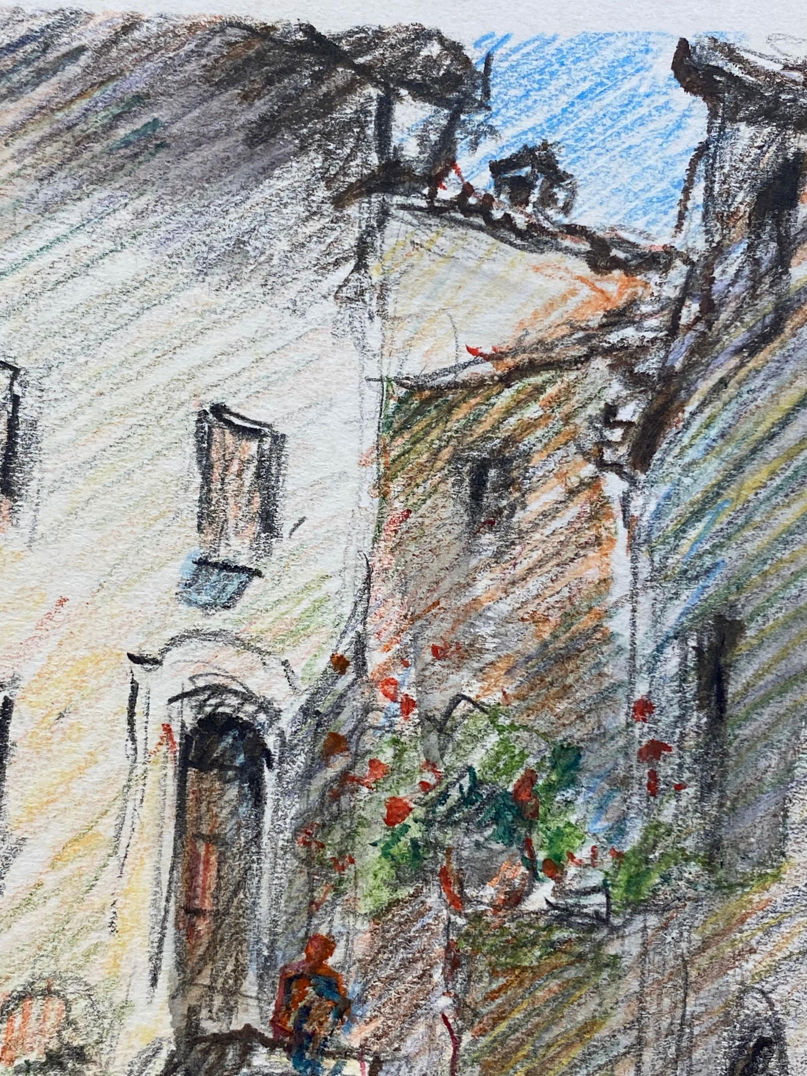 Tourettes Provence French Signed Impressionist Crayon Drawing, The Old Village, circa 1940s - 4