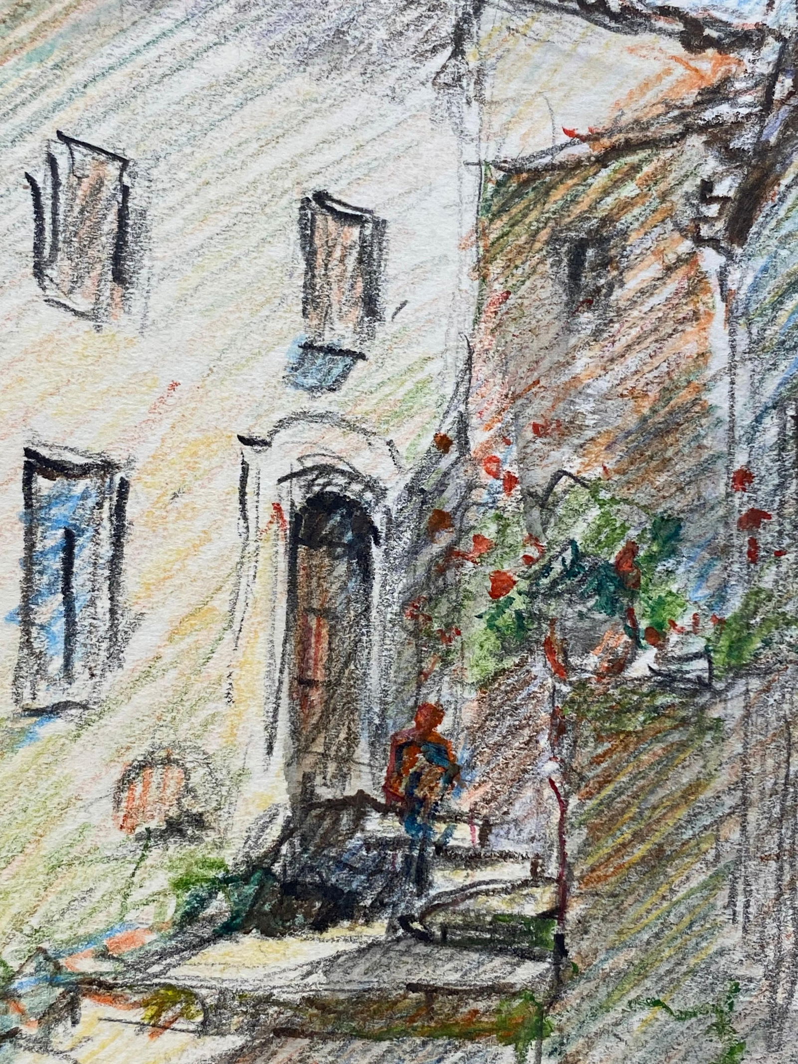 Tourettes Provence French Signed Impressionist Crayon Drawing, The Old Village, circa 1940s - 8