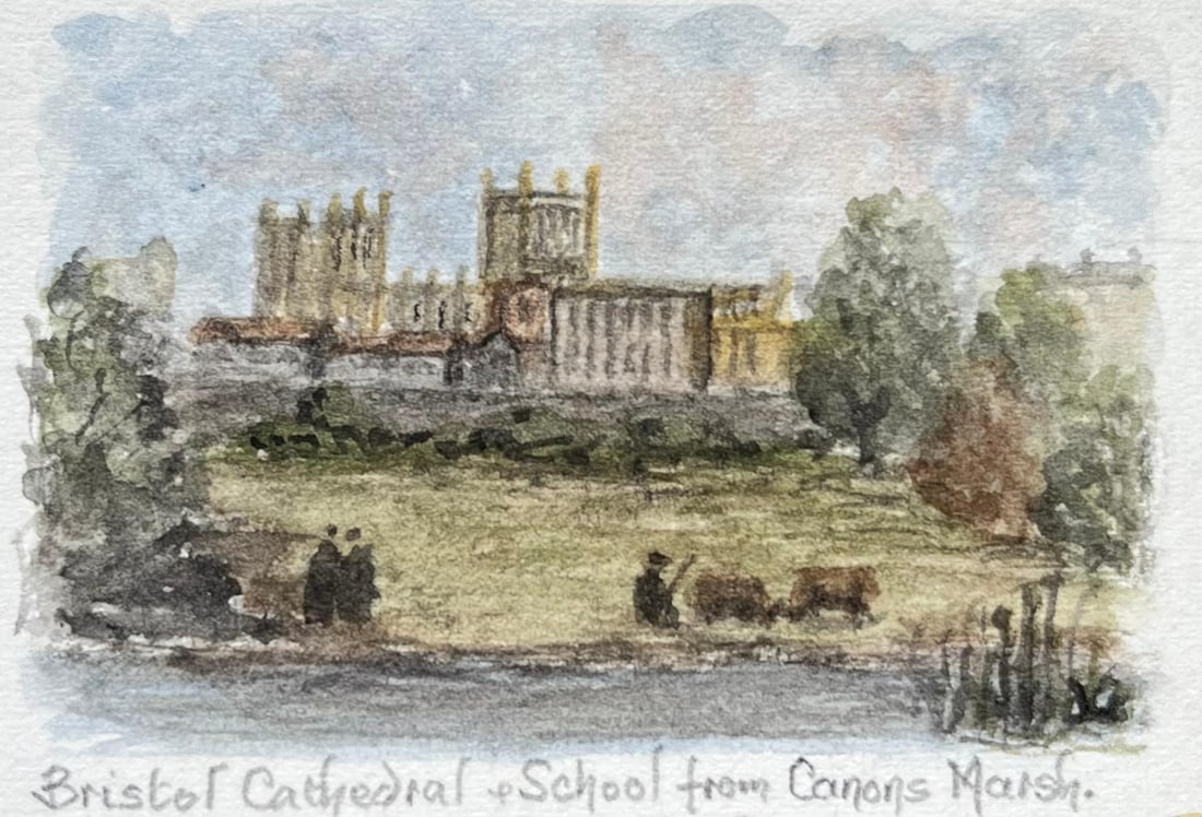 Jack Grunwell; Historic Miniature Watercolor of Bristol Cathedral and School from Canons Marsh, 2008: Title: Jack Grunwell; Historic Miniature Watercolor of Bristol Cathedral and School from Canons Marsh, 2008 Description: Title: Pair of Miniature Watercolors of Frenchay Church and Friends Meeting
