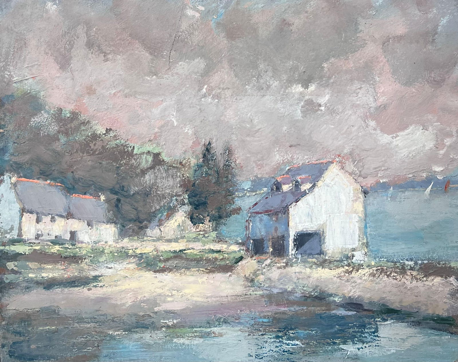 Fanch Lel; White Village House Along The Bay French Landscape Oil Painting: Title: Fanch Lel; White Village House Along The Bay French Landscape Oil Painting Description: Neon Sky Harbour Signed by Fanch Lel Size: 15 x 18 inches (height x width) Oil painting on board ,