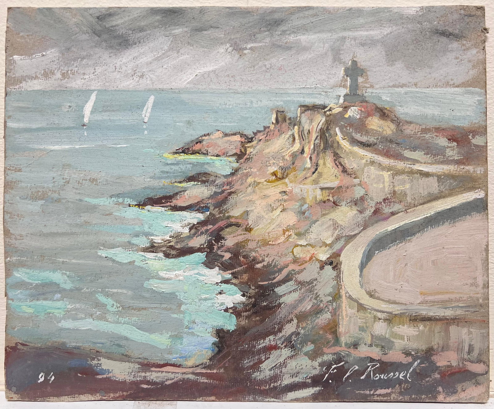 Fanch Lel; French Impressionist Cross on Cliffside View of a Sailboat Landscape, 1994 - 11