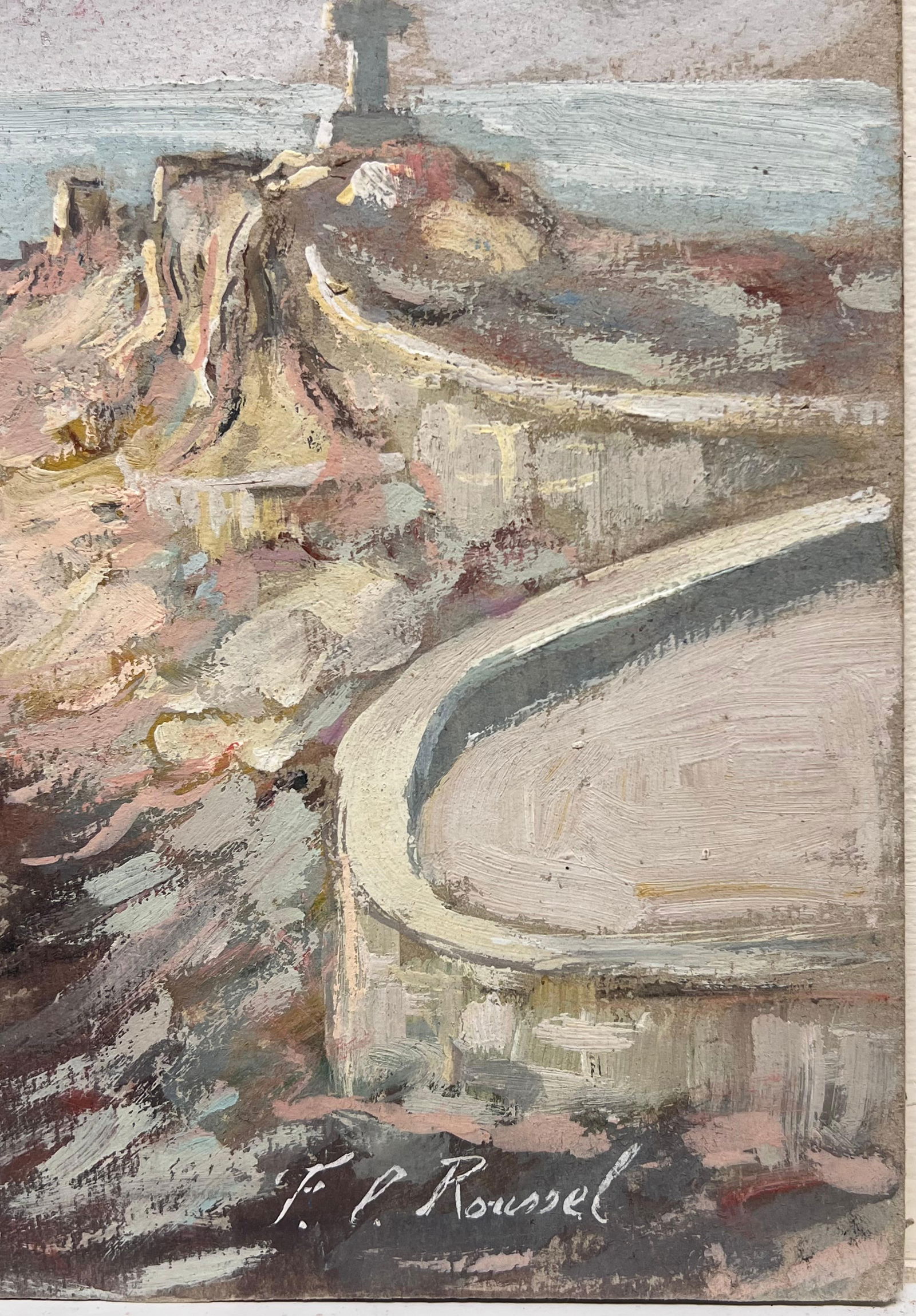 Fanch Lel; French Impressionist Cross on Cliffside View of a Sailboat Landscape, 1994 - 5