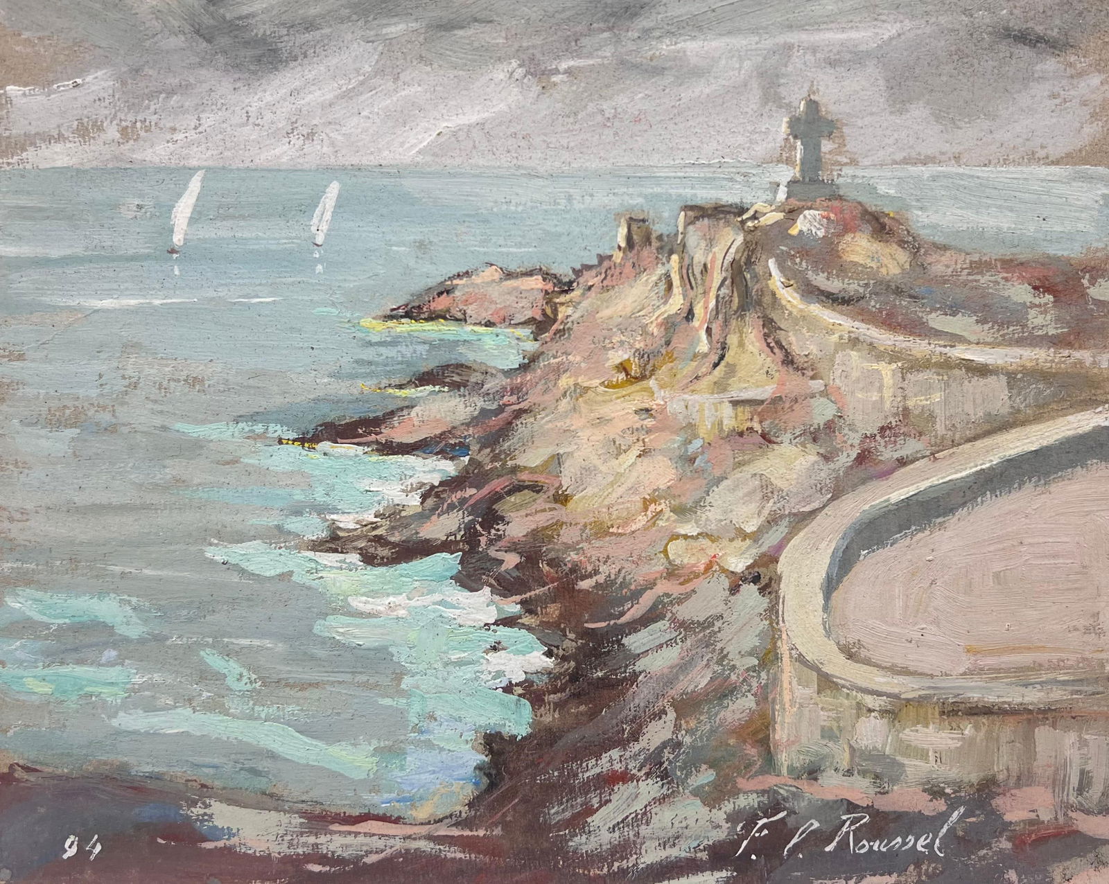 Fanch Lel; French Impressionist Cross on Cliffside View of a Sailboat Landscape, 1994 - 7