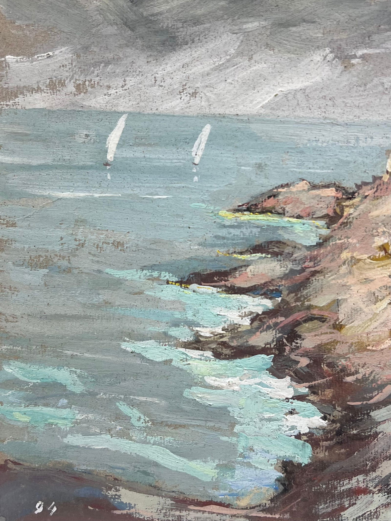 Fanch Lel; French Impressionist Cross on Cliffside View of a Sailboat Landscape, 1994 - 8