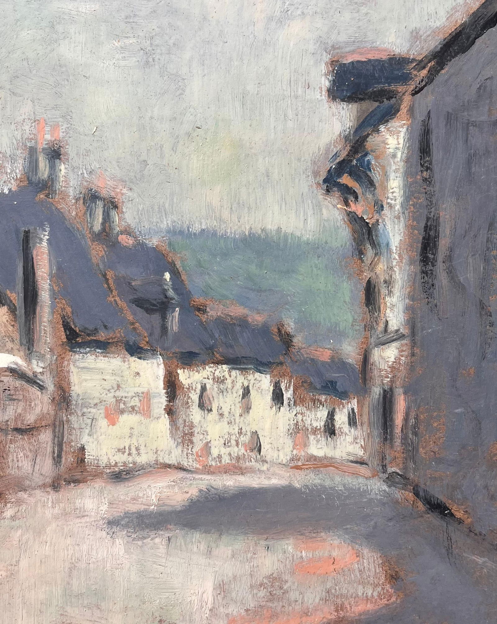 Fanch Lel; Impressionist Muted Street Scene with Pale Yellow Stone Houses and Slate Roofs - 10