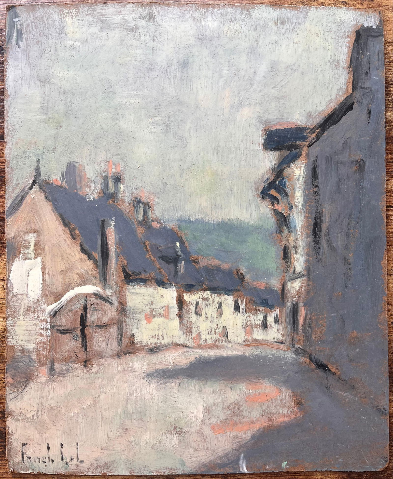 Fanch Lel; Impressionist Muted Street Scene with Pale Yellow Stone Houses and Slate Roofs - 5