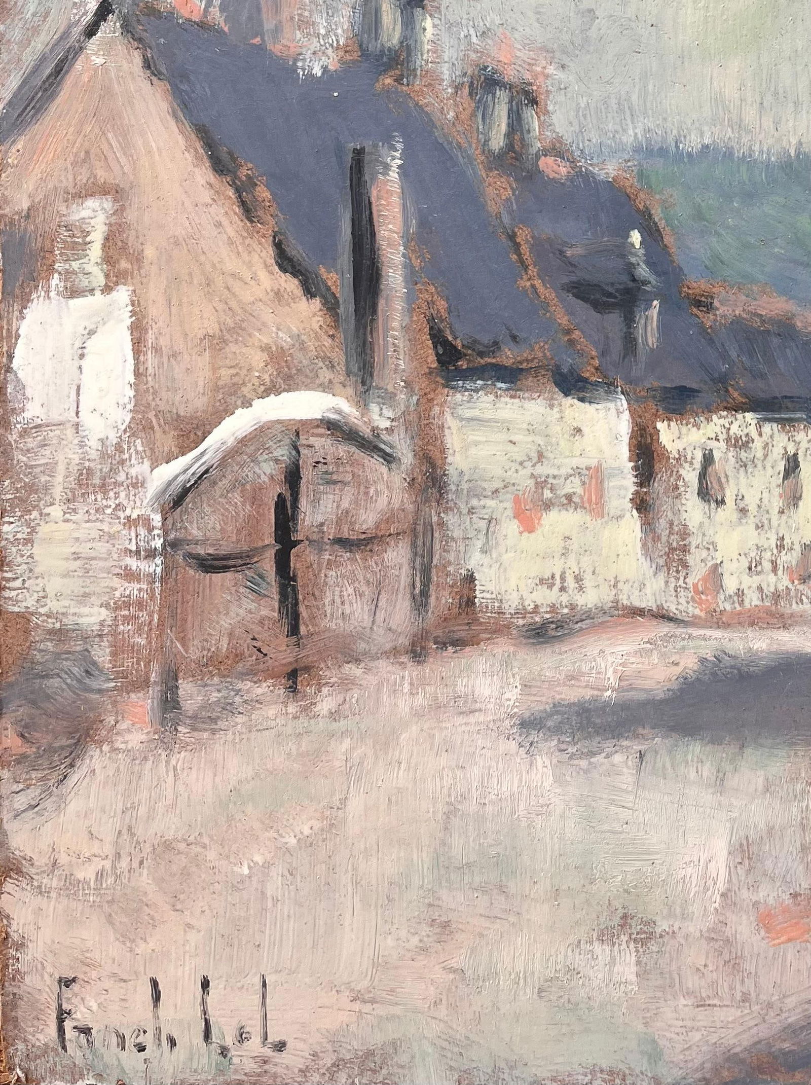 Fanch Lel; Impressionist Muted Street Scene with Pale Yellow Stone Houses and Slate Roofs - 6