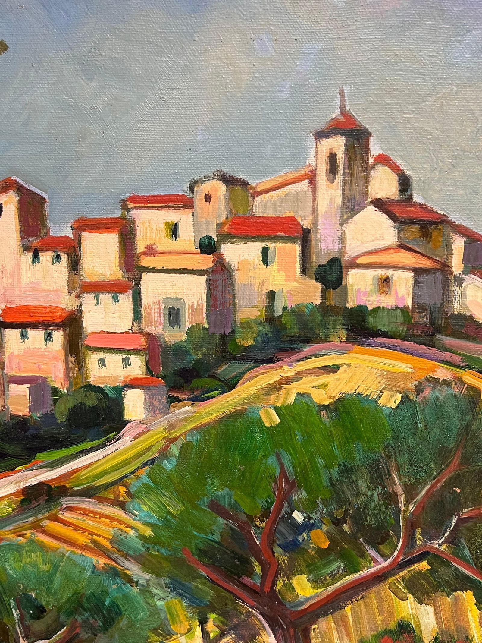 Max Toutain; Charming Hilltop Village with Cypress Trees and Wildflower Meadow Oil Landscape - 7