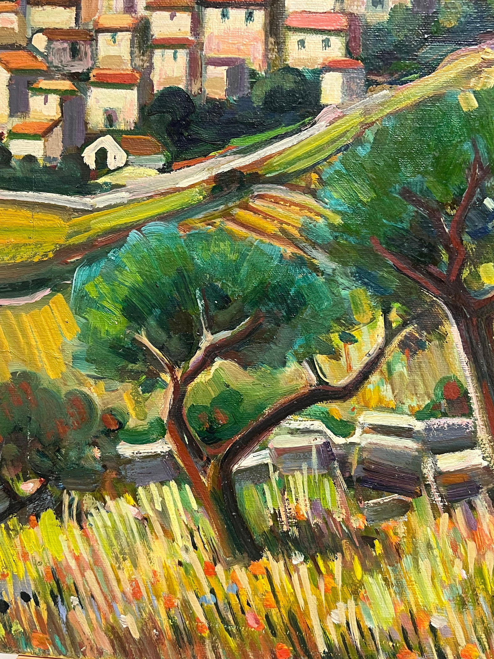 Max Toutain; Charming Hilltop Village with Cypress Trees and Wildflower Meadow Oil Landscape - 9