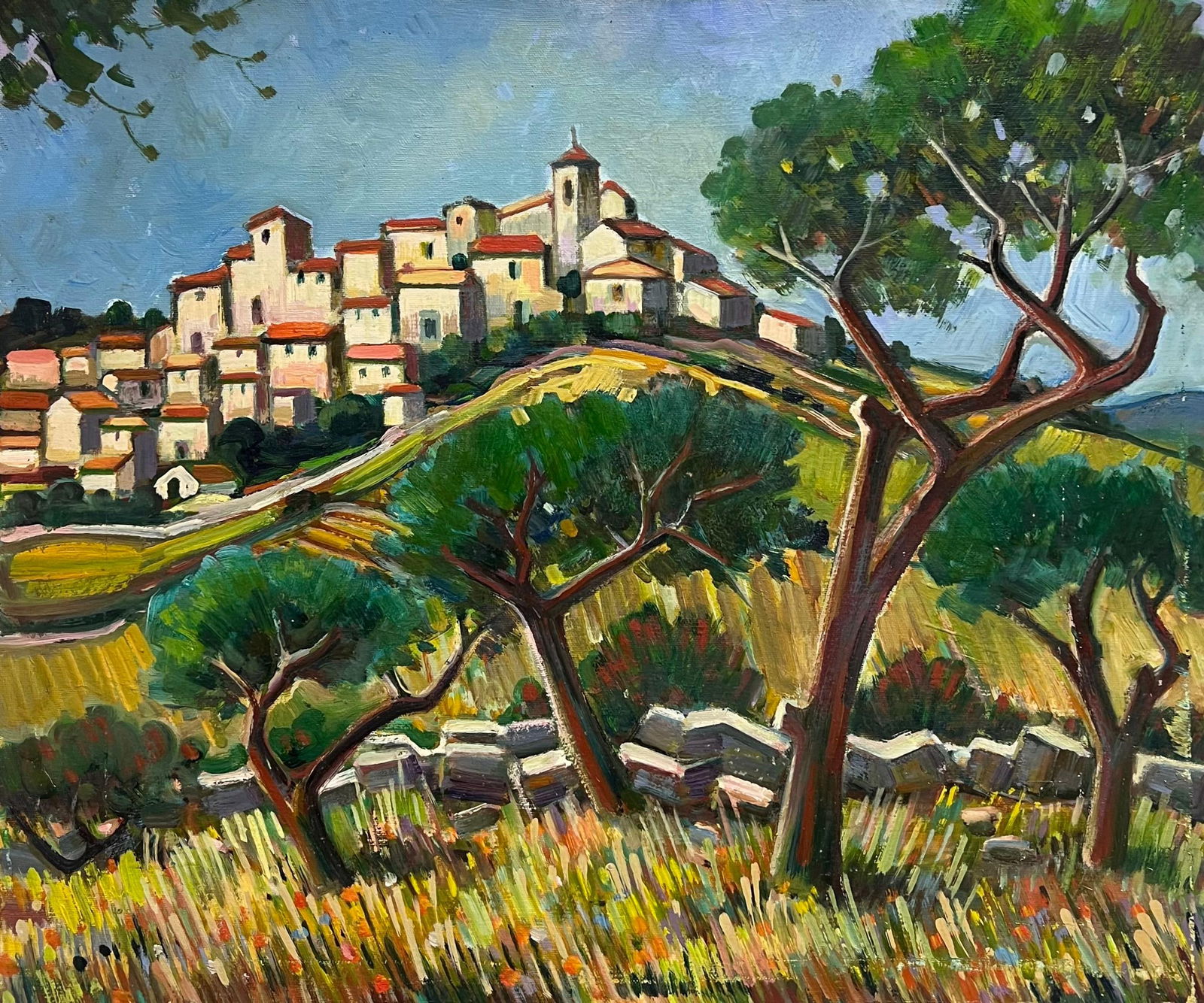 Max Toutain; Charming Hilltop Village with Cypress Trees and Wildflower Meadow Oil Landscape: Title: Max Toutain; Charming Hilltop Village with Cypress Trees and Wildflower Meadow Oil Landscape Description: The Fishermans Cottage French School, circa 1930's period signed initials oil on board,