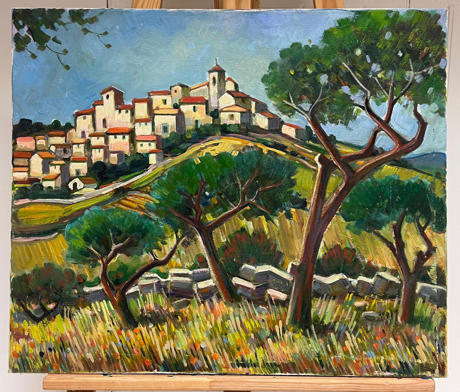 Max Toutain; Charming Hilltop Village with Cypress Trees and Wildflower Meadow Oil Landscape - 5