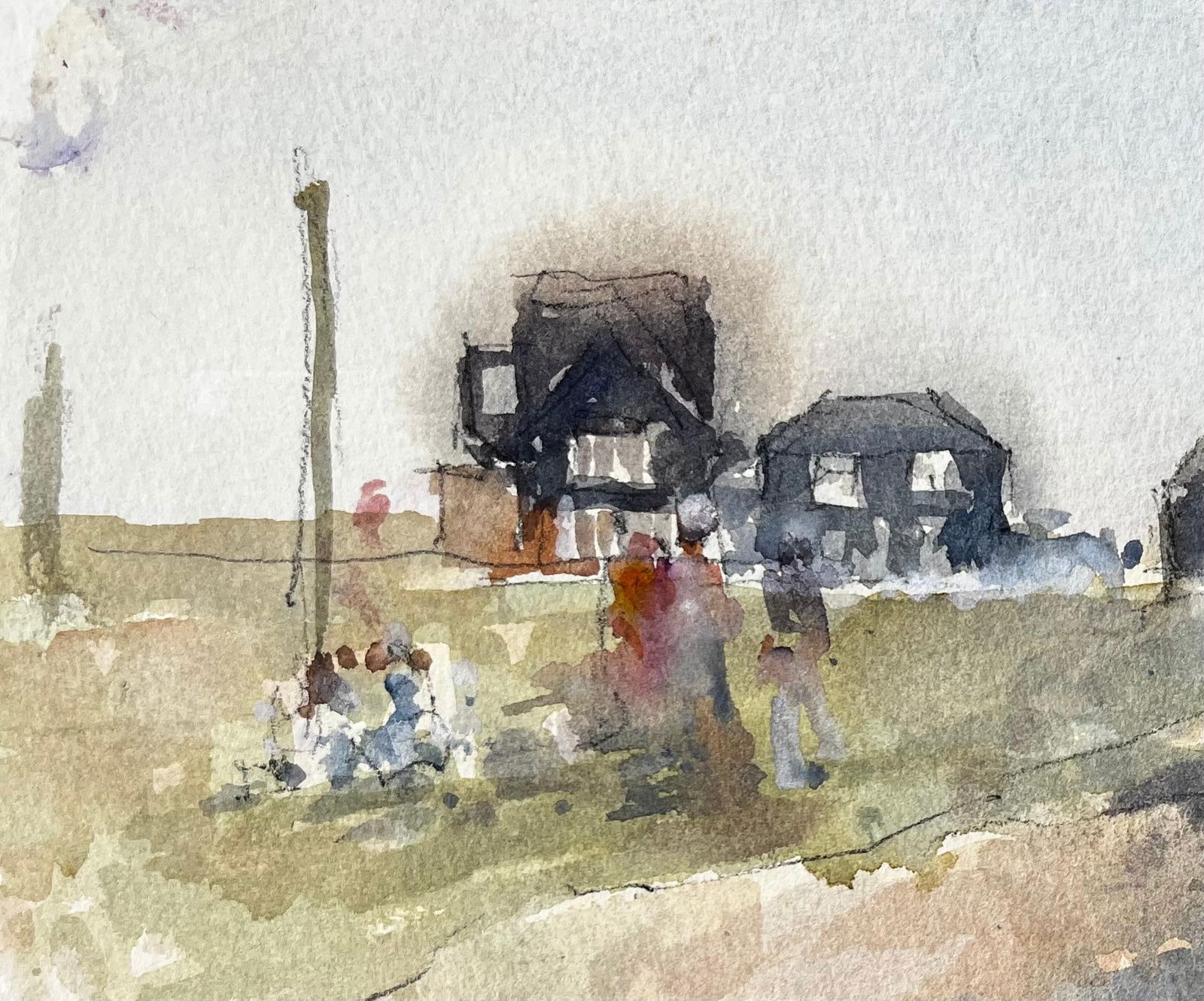 Anthony Herbert; Original Watercolour Village Scene with Figures and Cabins Summer 2005 - 11