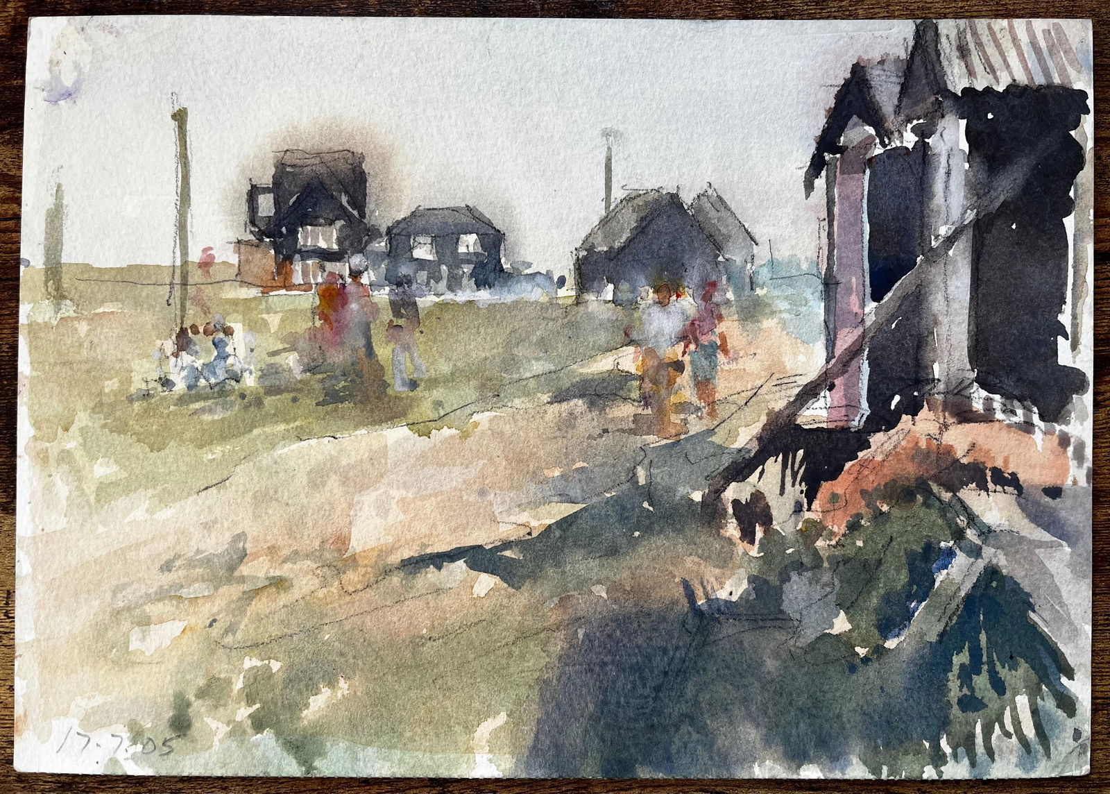 Anthony Herbert; Original Watercolour Village Scene with Figures and Cabins Summer 2005 - 16