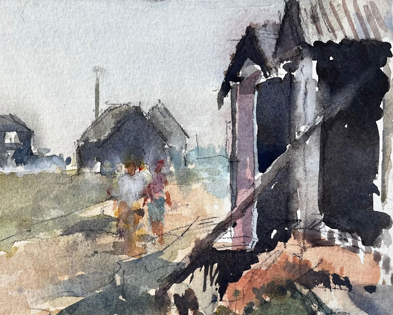 Anthony Herbert; Original Watercolour Village Scene with Figures and Cabins Summer 2005 - 17
