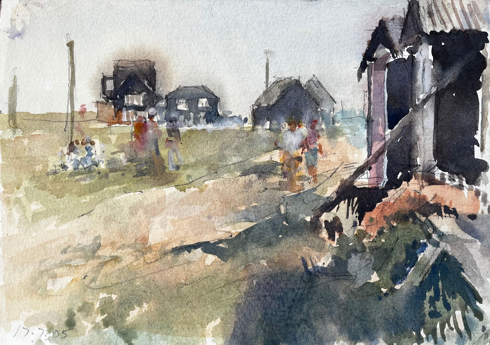 Anthony Herbert; Original Watercolour Village Scene with Figures and Cabins Summer 2005: Title: Anthony Herbert; Original Watercolour Village Scene with Figures and Cabins Summer 2005 Description: Title: Old Boat Yard with Figures and Dog on Suffolk Coast Watercolor by Tony Herbert By