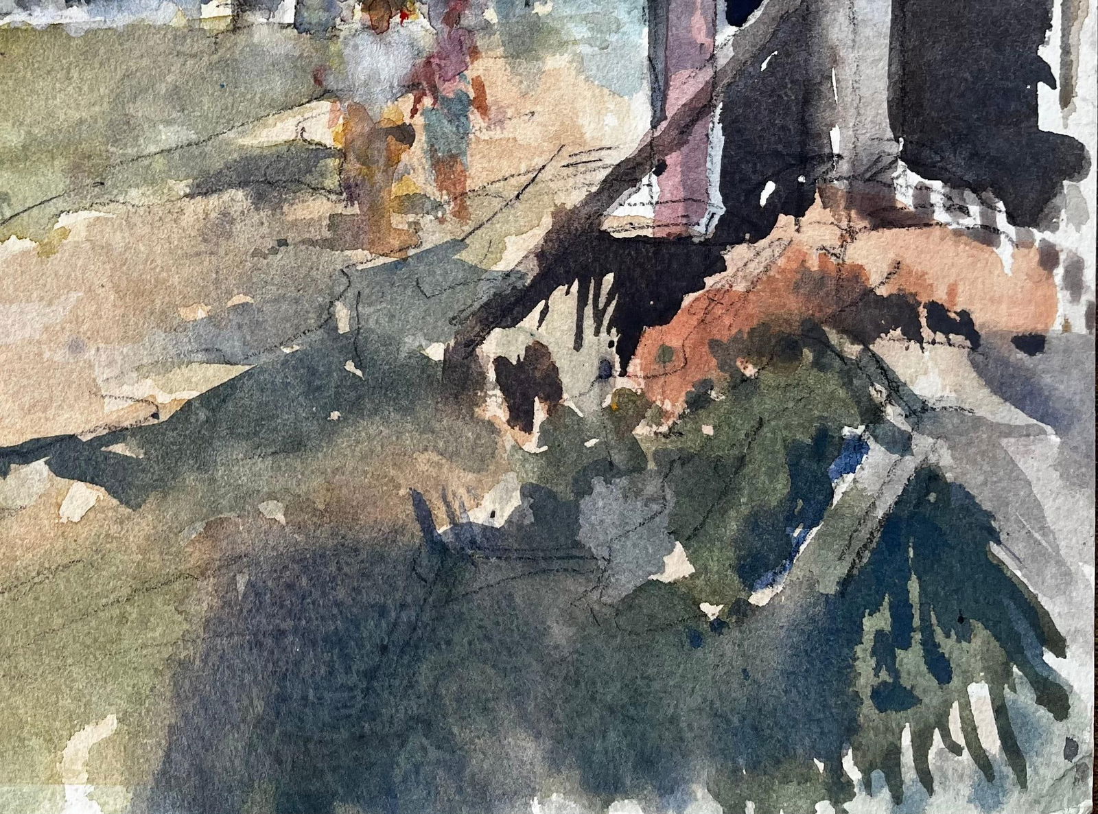 Anthony Herbert; Original Watercolour Village Scene with Figures and Cabins Summer 2005 - 2