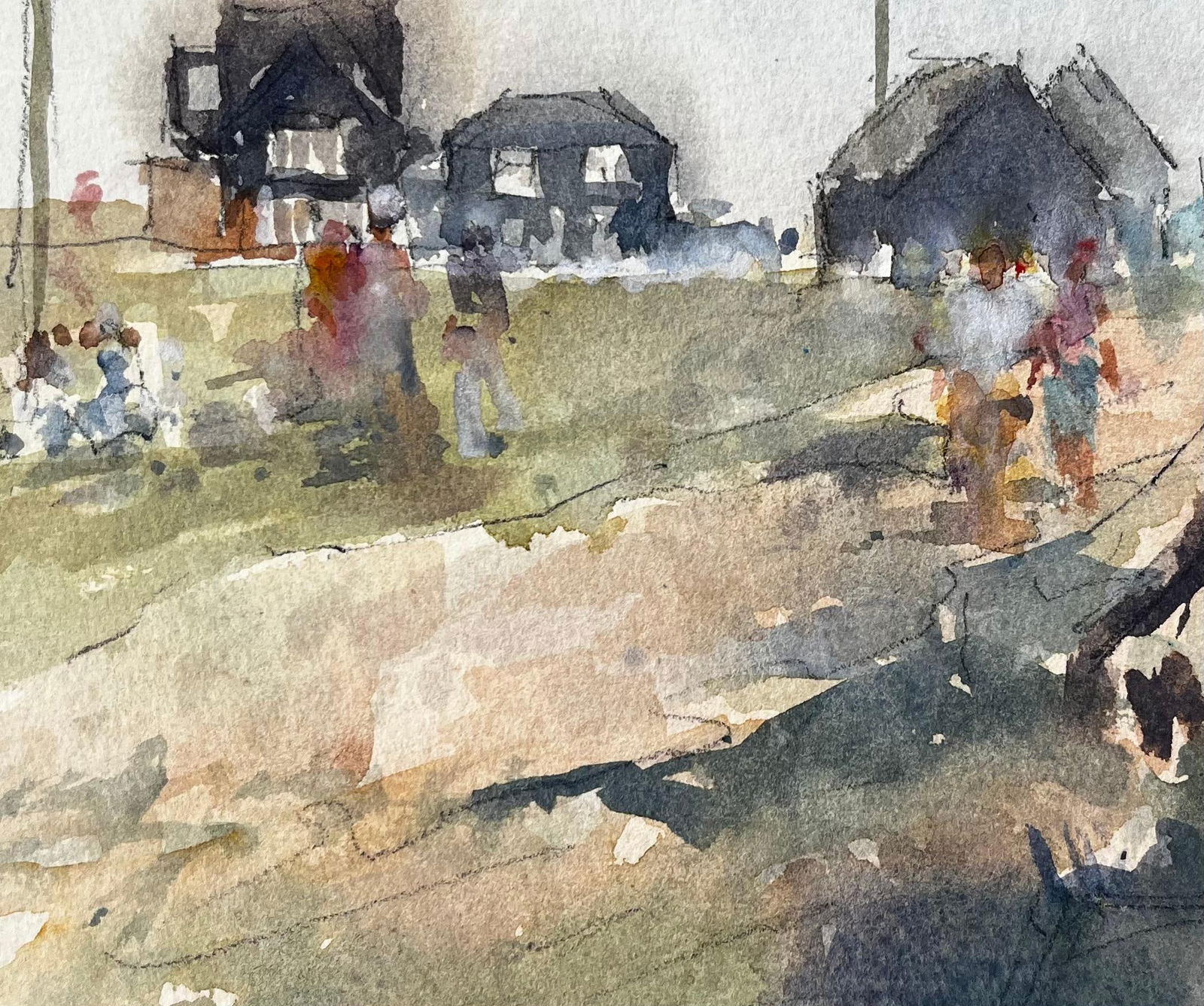 Anthony Herbert; Original Watercolour Village Scene with Figures and Cabins Summer 2005 - 5