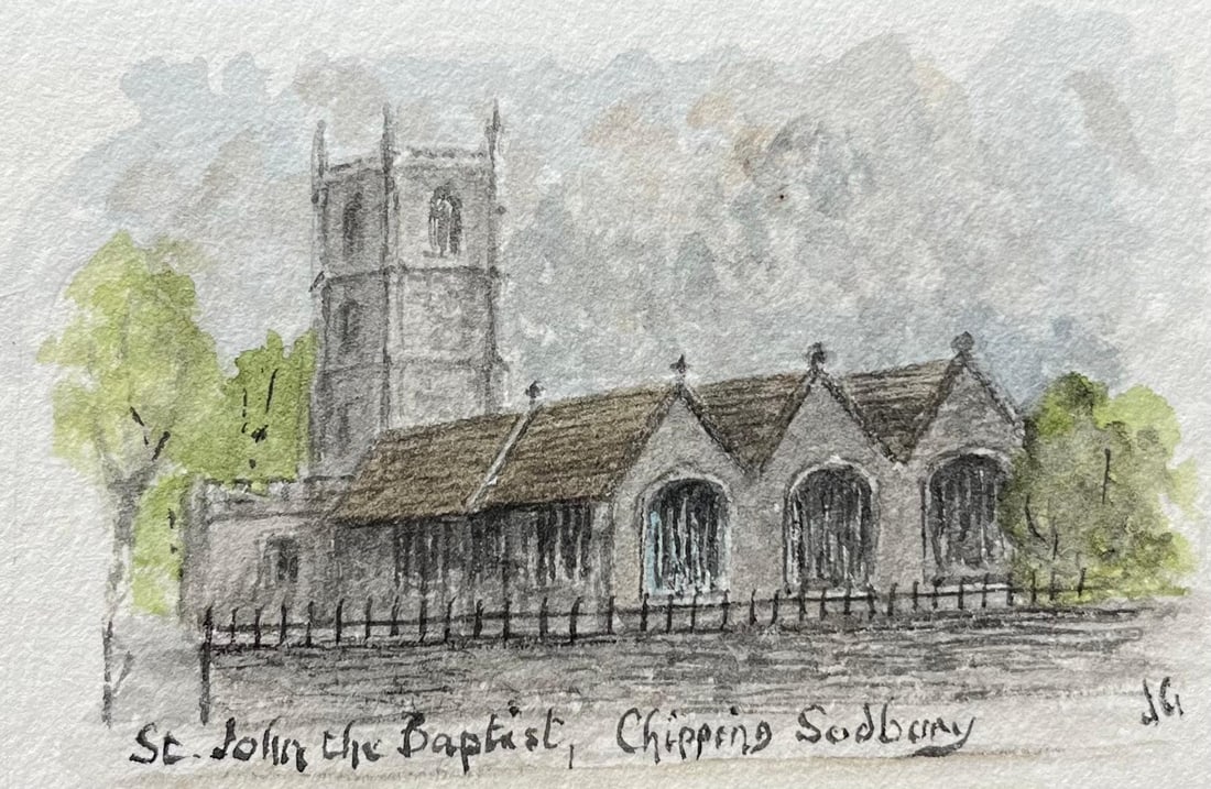 Jack Grunwell; Miniature Watercolor of St John the Baptist Chipping Sodbury: Title: Jack Grunwell; Miniature Watercolor of St John the Baptist Chipping Sodbury Description: Title: St Nicholas Bristol Bridge 1763 and St Mary the Virgin Hunbury Watercolours by Jack Grunwell,