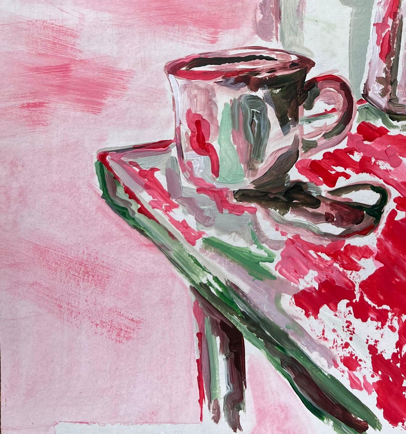 Minty Ramsey; Contemporary Acrylic Painting of Coffee Cup and Moka Pot with Window View, 2024 - 10