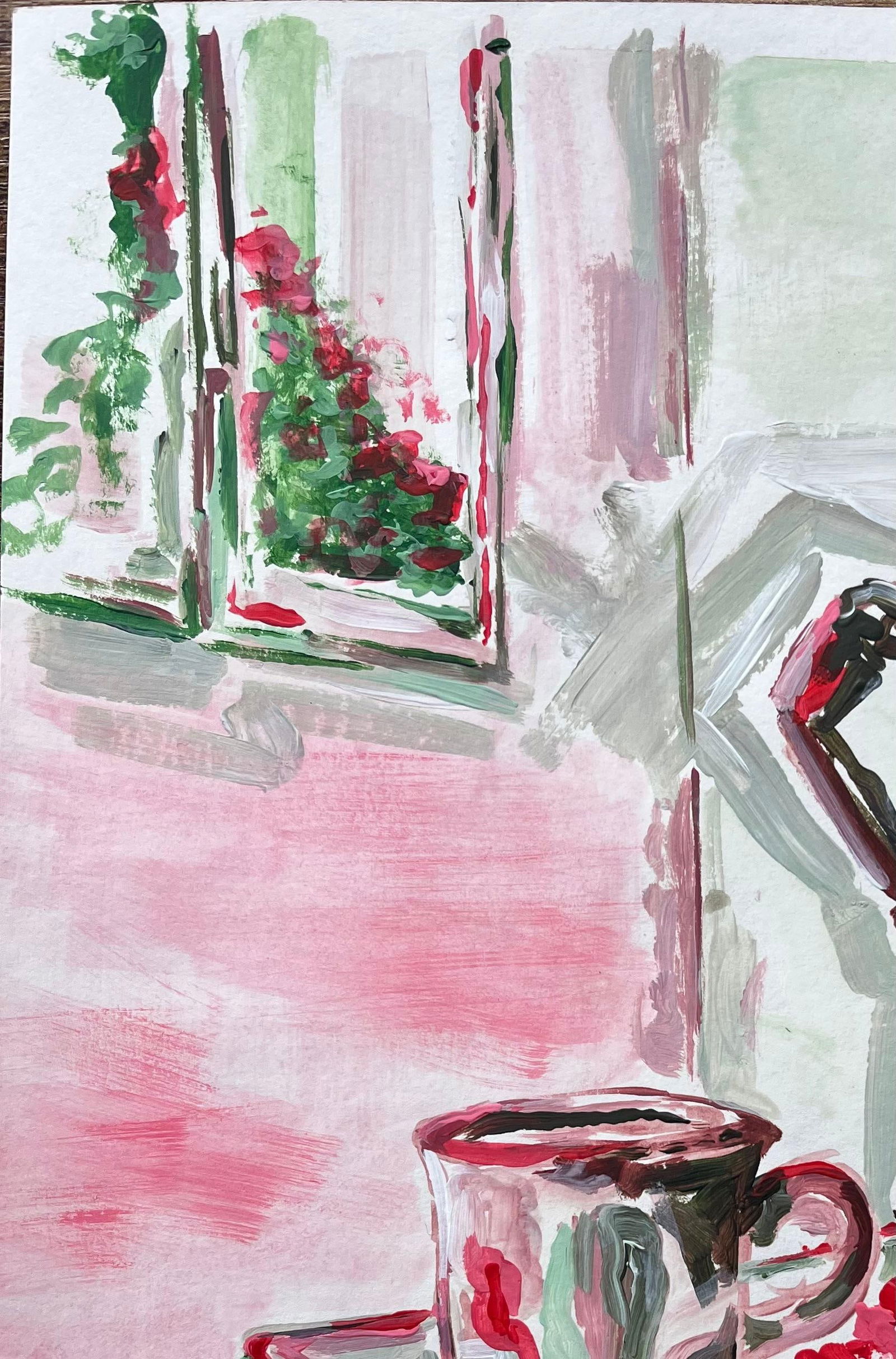 Minty Ramsey; Contemporary Acrylic Painting of Coffee Cup and Moka Pot with Window View, 2024 - 12