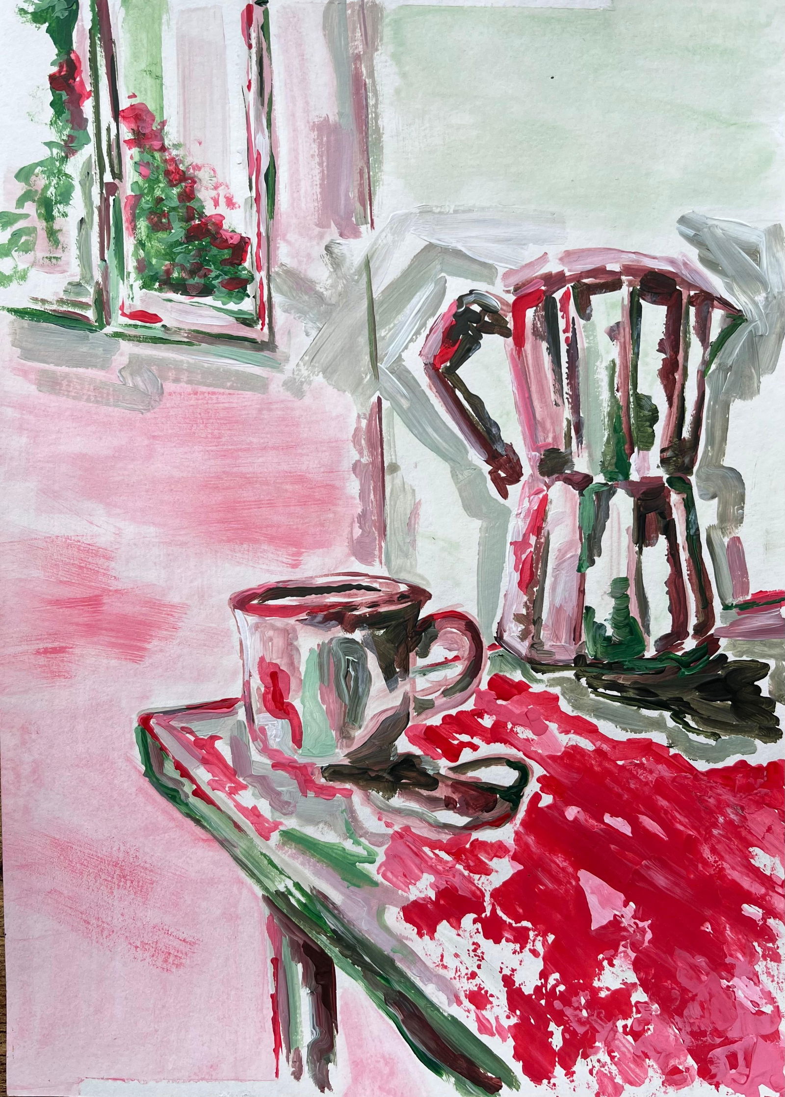 Minty Ramsey; Contemporary Acrylic Painting of Coffee Cup and Moka Pot with Window View, 2024 - 14