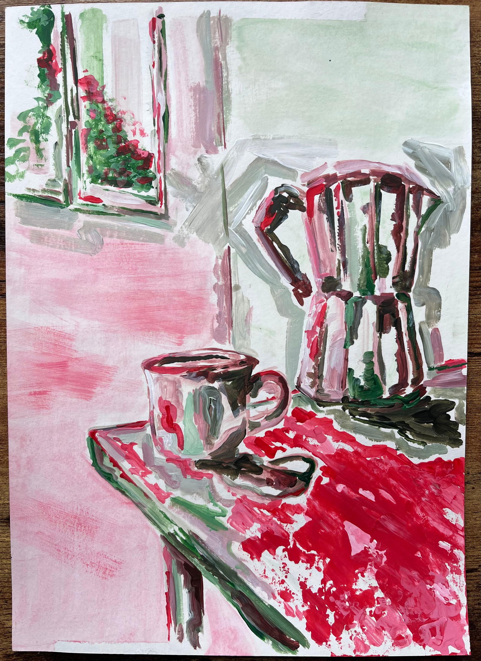 Minty Ramsey; Contemporary Acrylic Painting of Coffee Cup and Moka Pot with Window View, 2024 - 15