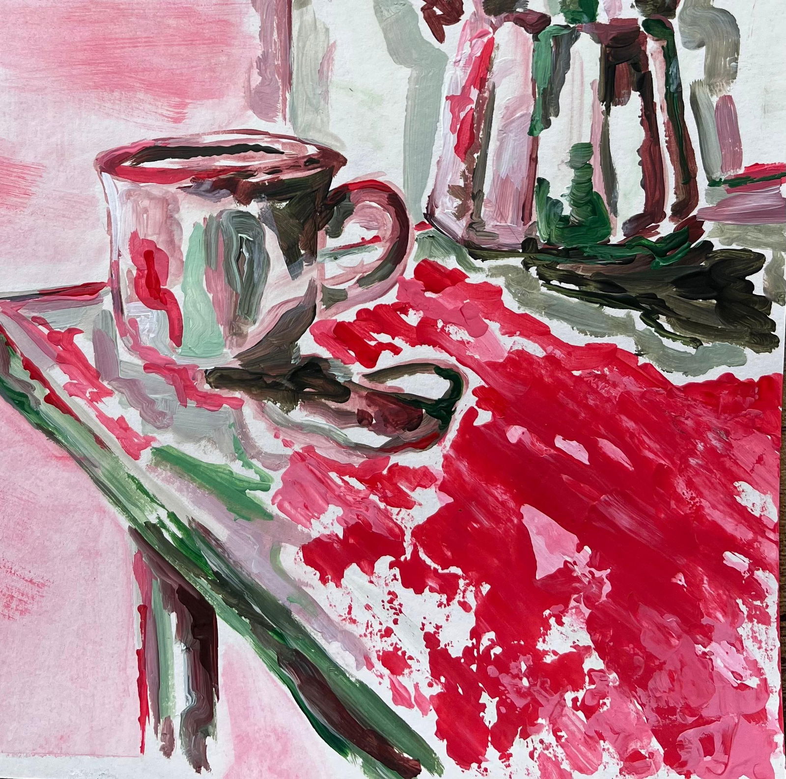 Minty Ramsey; Contemporary Acrylic Painting of Coffee Cup and Moka Pot with Window View, 2024 - 2