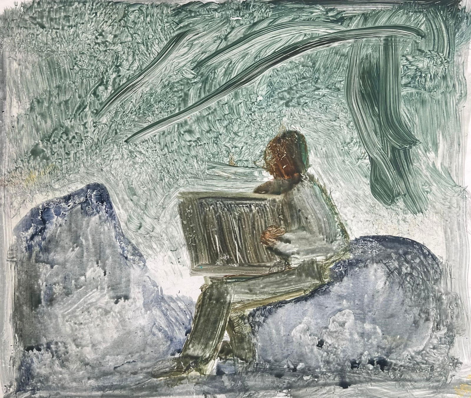 Robert Ladou; Figure Holding a Box Sat on The Mountain Rocks Original French Artwork, 20th Century - 2