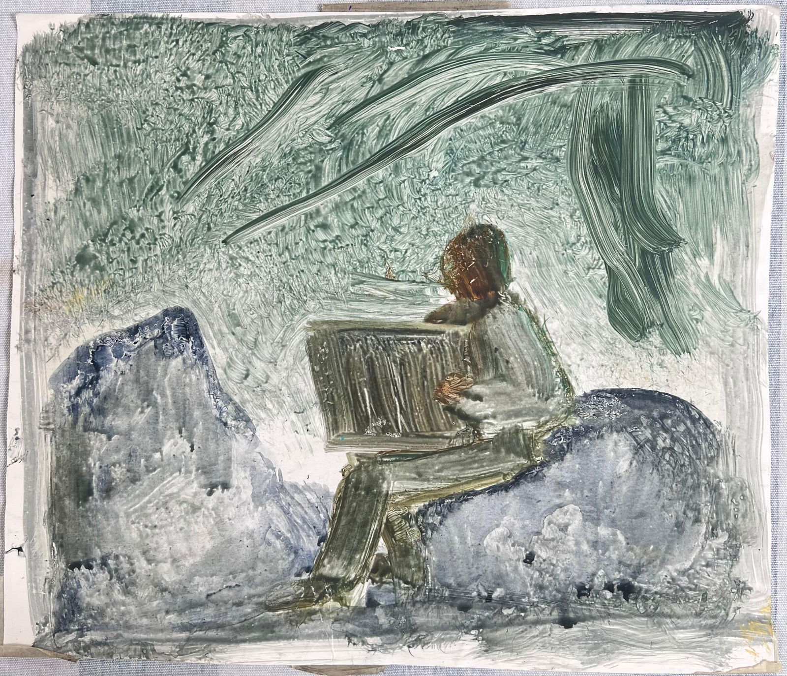 Robert Ladou; Figure Holding a Box Sat on The Mountain Rocks Original French Artwork, 20th Century - 3