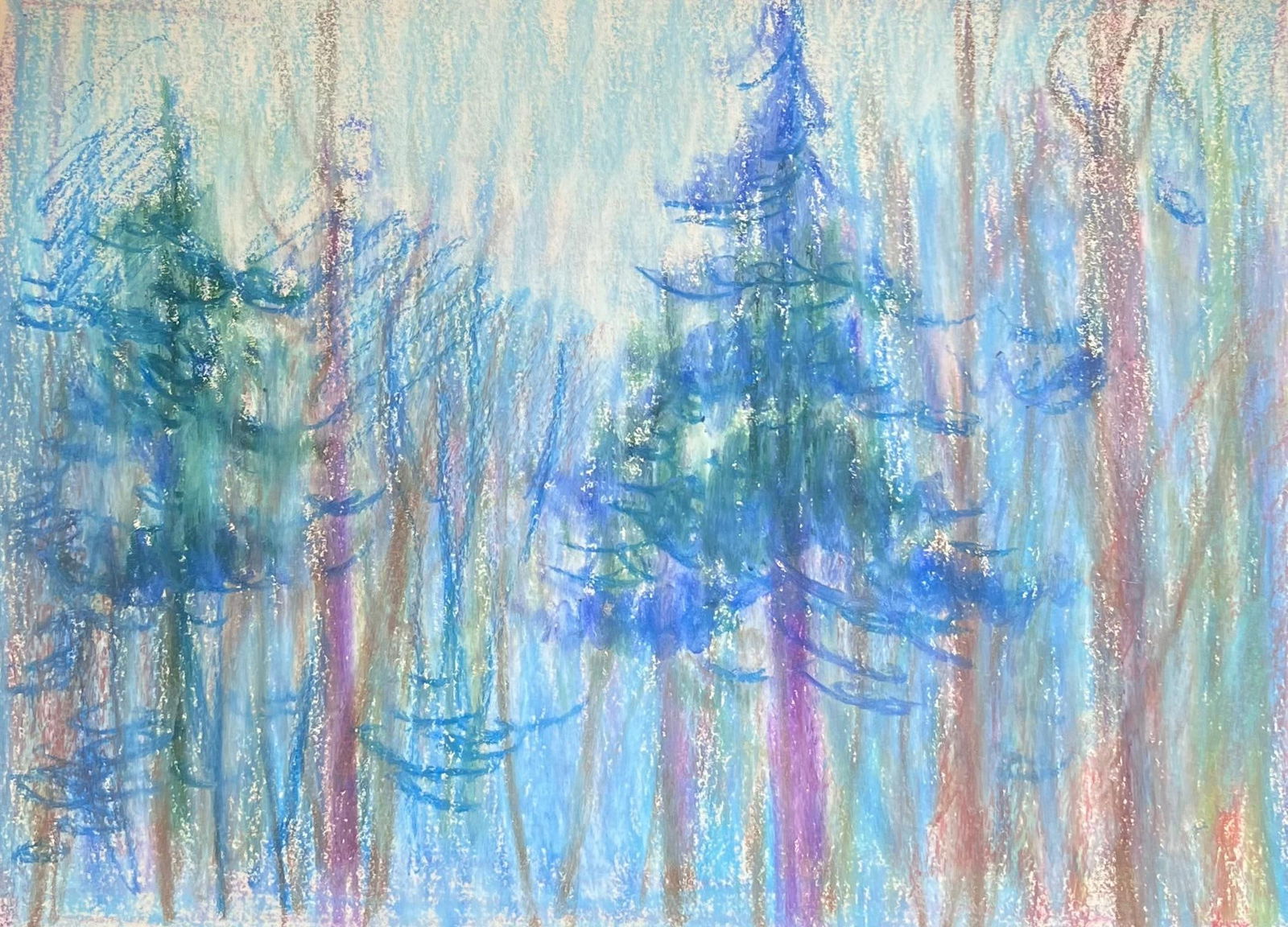 Akos Biro; 20th Century French Expressionist Tall Pine Tress in Moonlight Blue Forest: Title: Akos Biro; 20th Century French Expressionist Tall Pine Tress in Moonlight Blue Forest Description: Blue Eyed Portrait by Akos Biro (Hungarian 1911-2002) pastel painting on artist paper, unframe