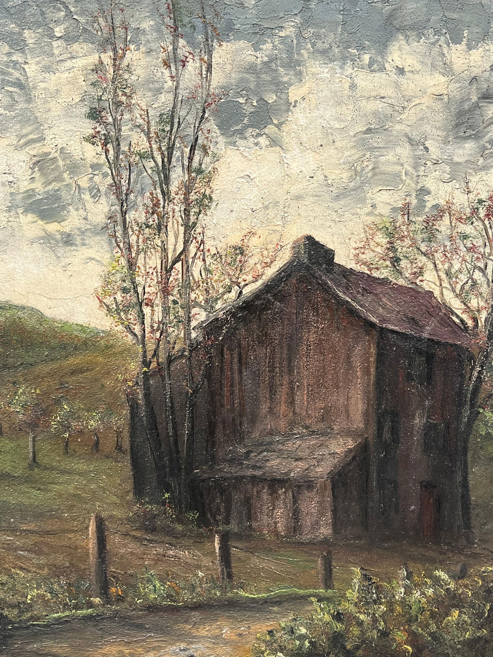 Jean Fourie; Brown Wooden Chalet Hut In Olive Grove Field Landscape Oil Painting - 7