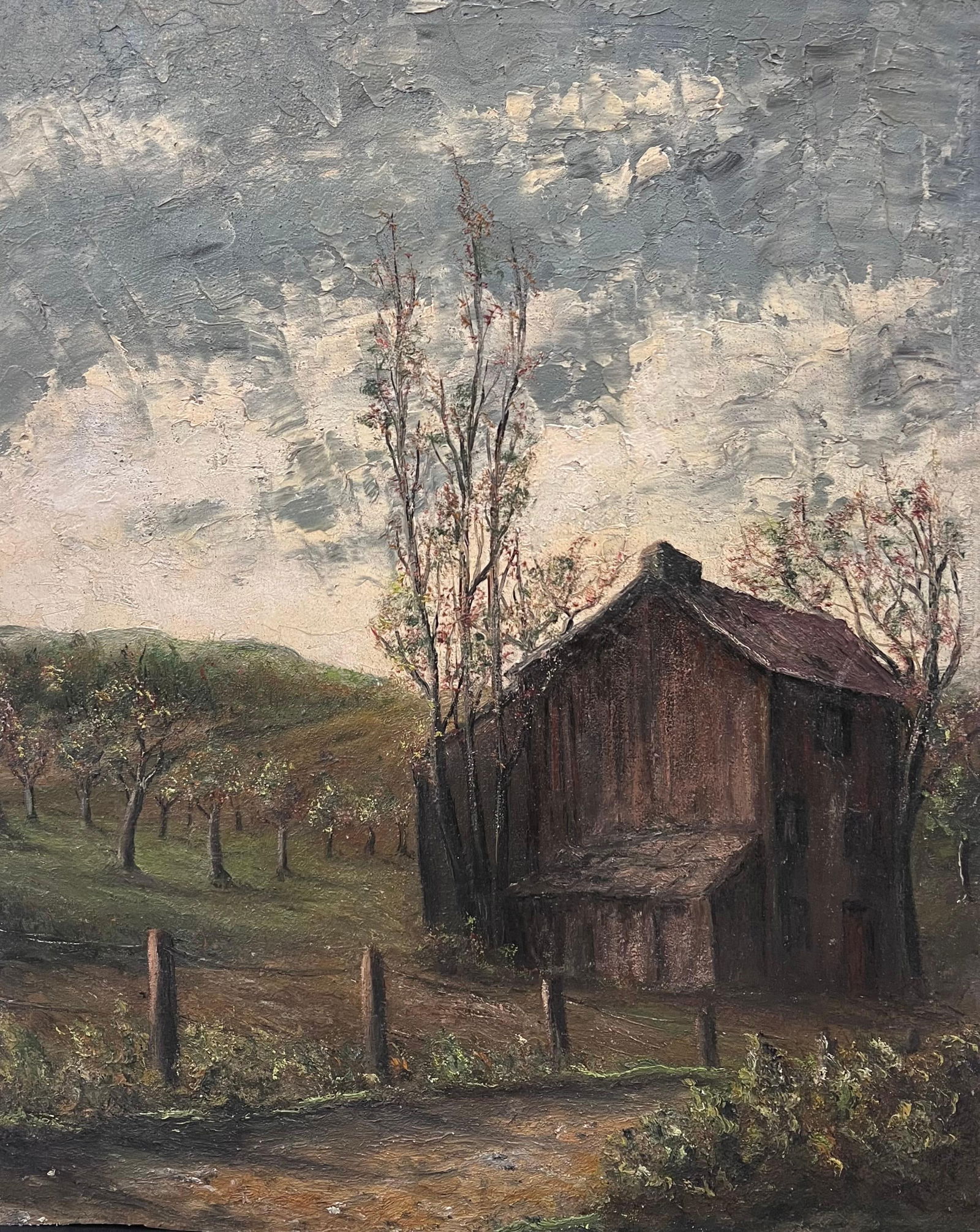 Jean Fourie; Brown Wooden Chalet Hut In Olive Grove Field Landscape Oil Painting: Title: Jean Fourie; Brown Wooden Chalet Hut In Olive Grove Field Landscape Oil Painting Description: Wooden Chalet by Jean Fourie (1927-2015) French artist, painting in the Champagne region of France