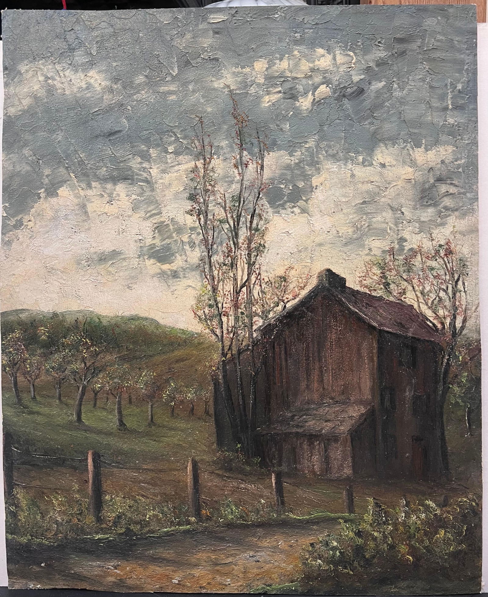 Jean Fourie; Brown Wooden Chalet Hut In Olive Grove Field Landscape Oil Painting - 5