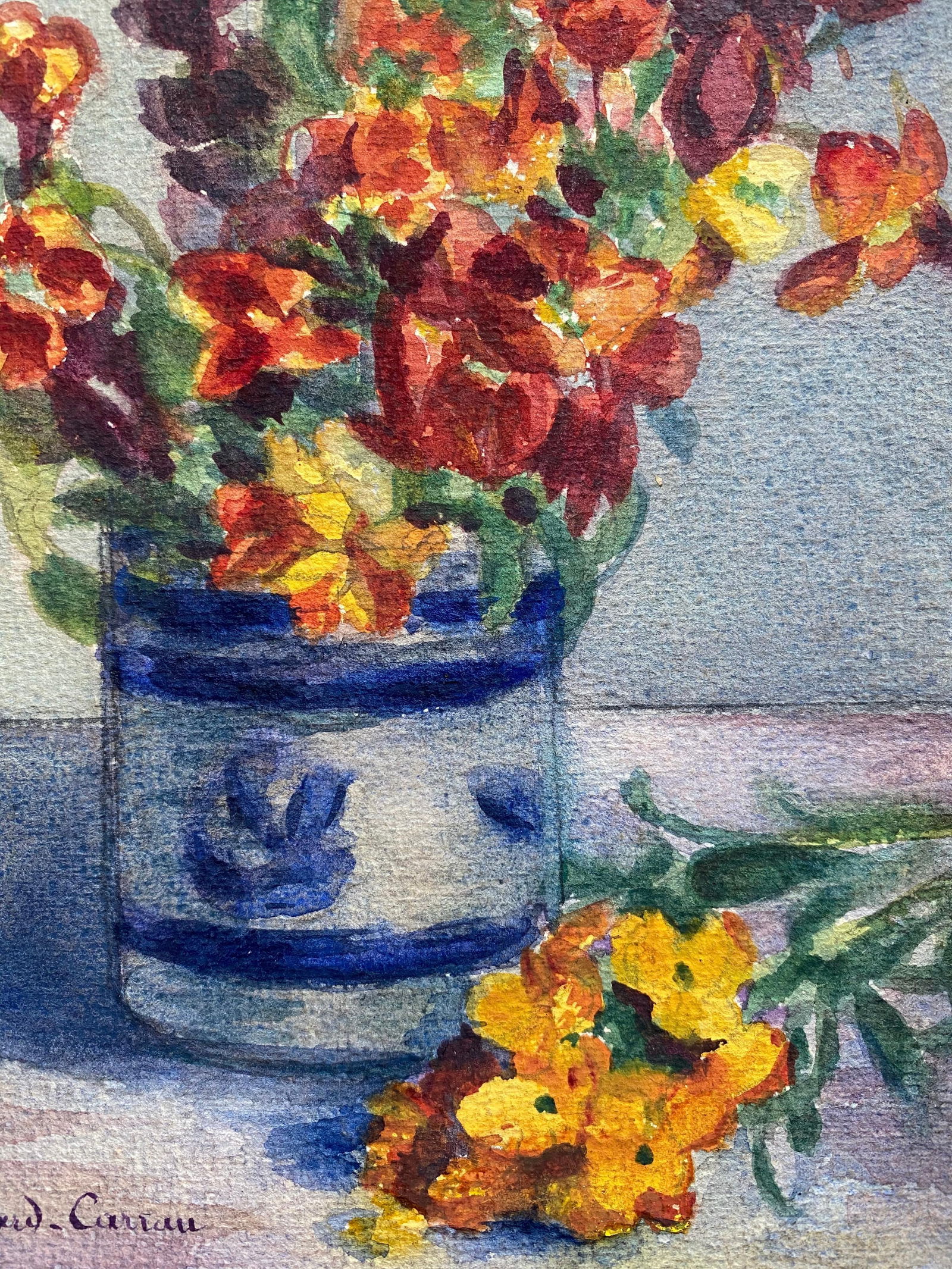 Early 1900's French Impressionist Signed Flower Watercolour by Marie Carreau, circa 1900s - 11