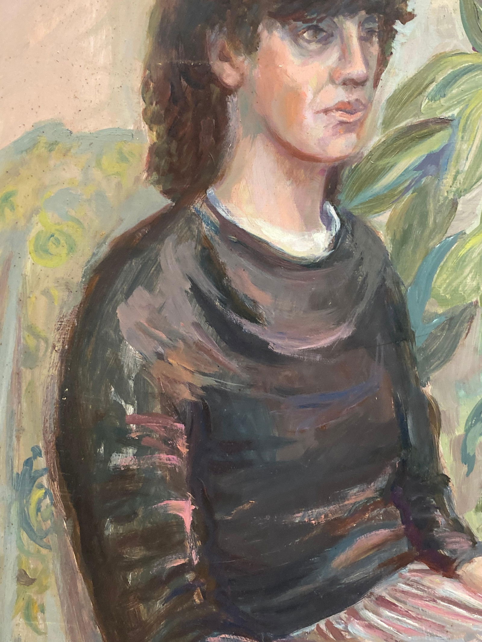 Large 1960's British Original Oil Painting, Lady Sat Among Green Plants, circa 1960s - 7