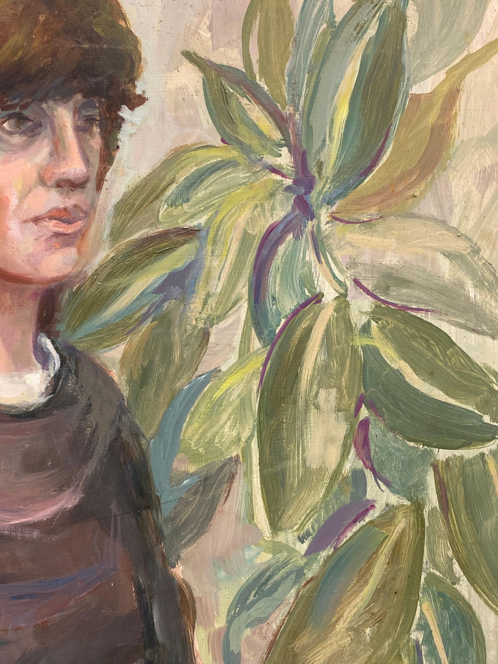 Large 1960's British Original Oil Painting, Lady Sat Among Green Plants, circa 1960s - 2